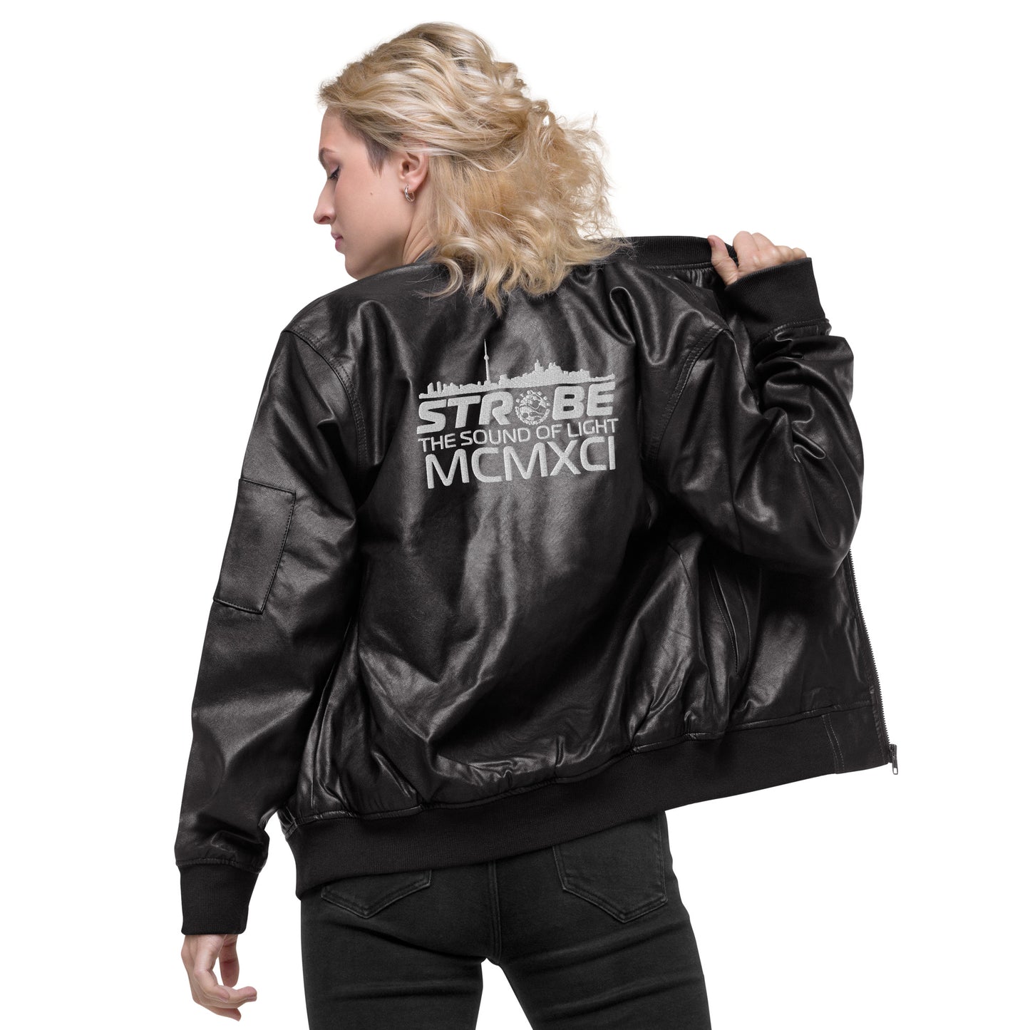 Strobe Records Embroidered MCMXCI Faux Leather Bomber Jacket