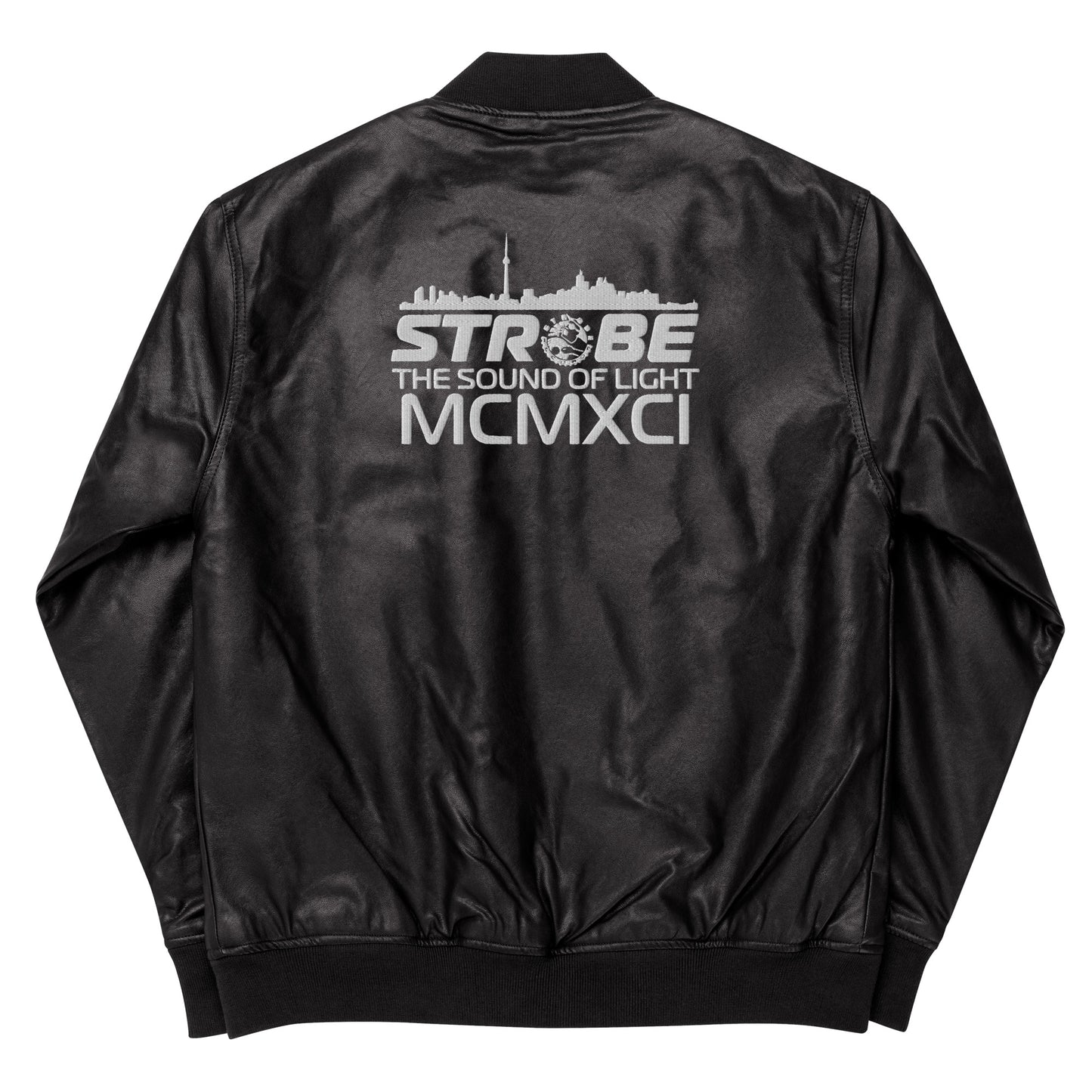 Strobe Records Embroidered MCMXCI Faux Leather Bomber Jacket