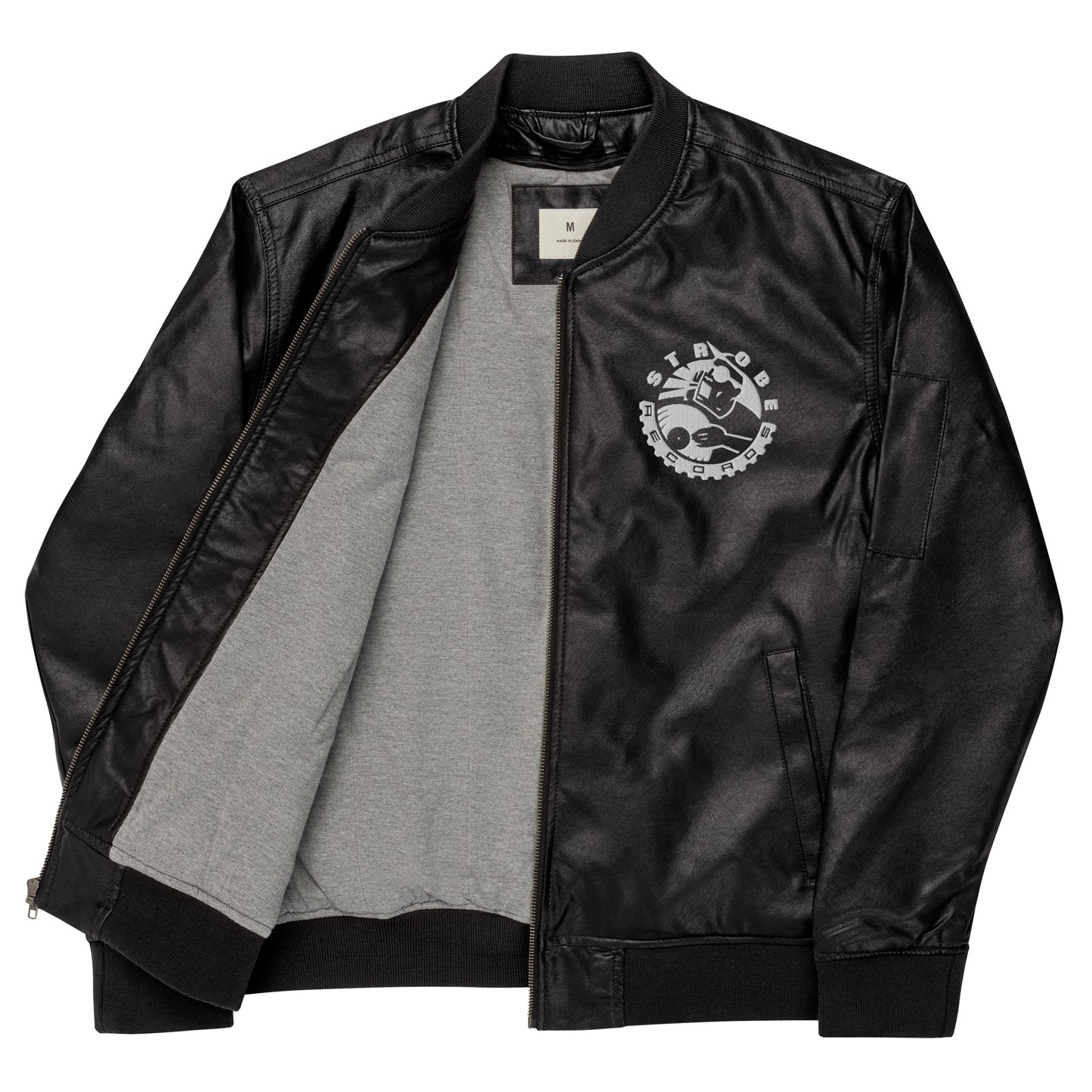 Strobe Records Embroidered MCMXCI Faux Leather Bomber Jacket