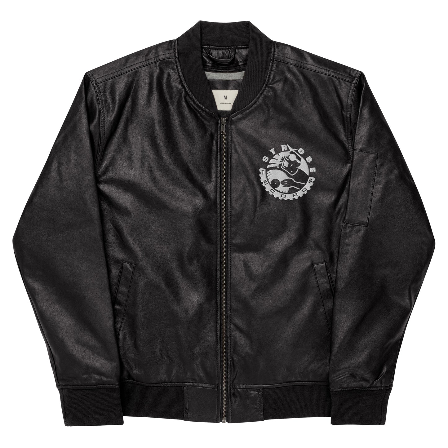 Strobe Records Embroidered MCMXCI Faux Leather Bomber Jacket