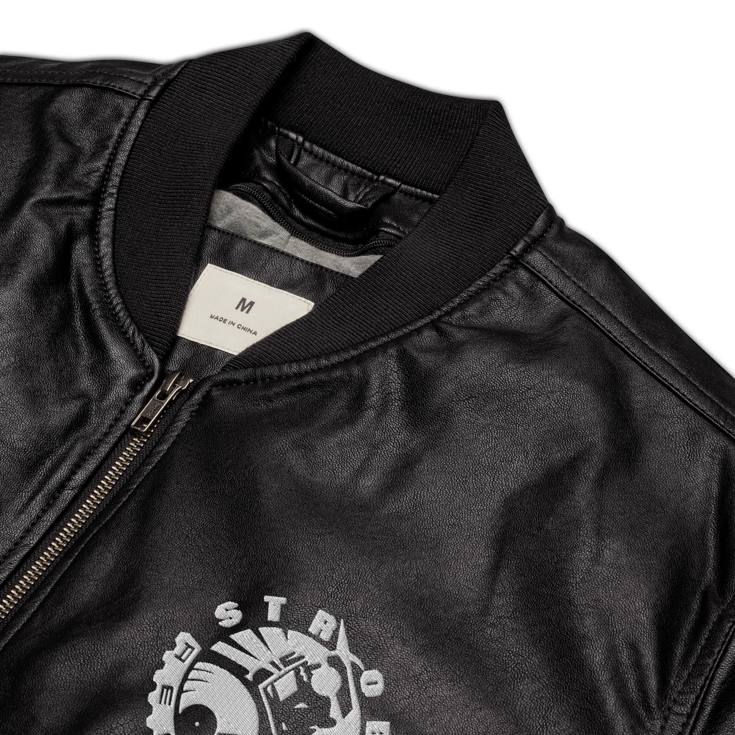 Strobe Records Embroidered MCMXCI Faux Leather Bomber Jacket