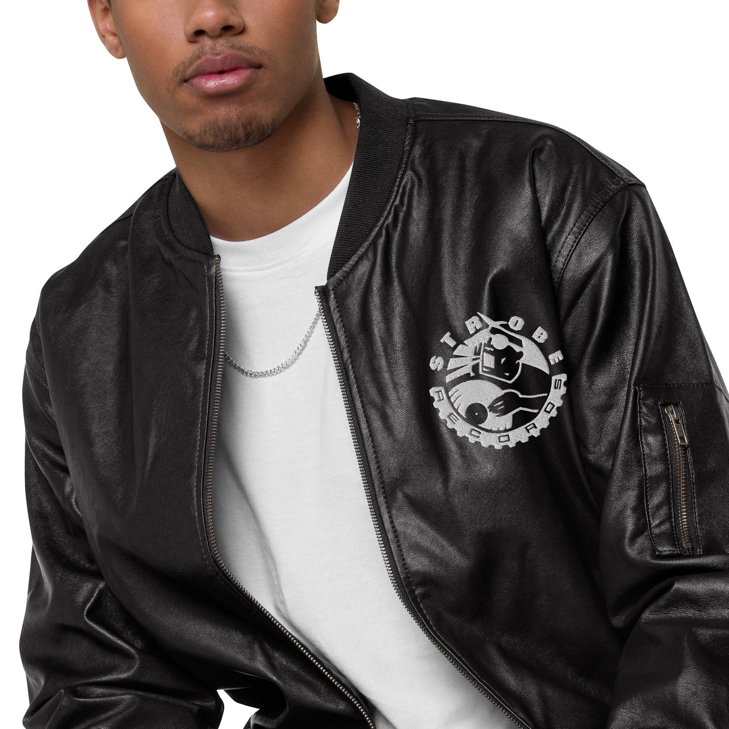 Strobe Records Embroidered MCMXCI Faux Leather Bomber Jacket