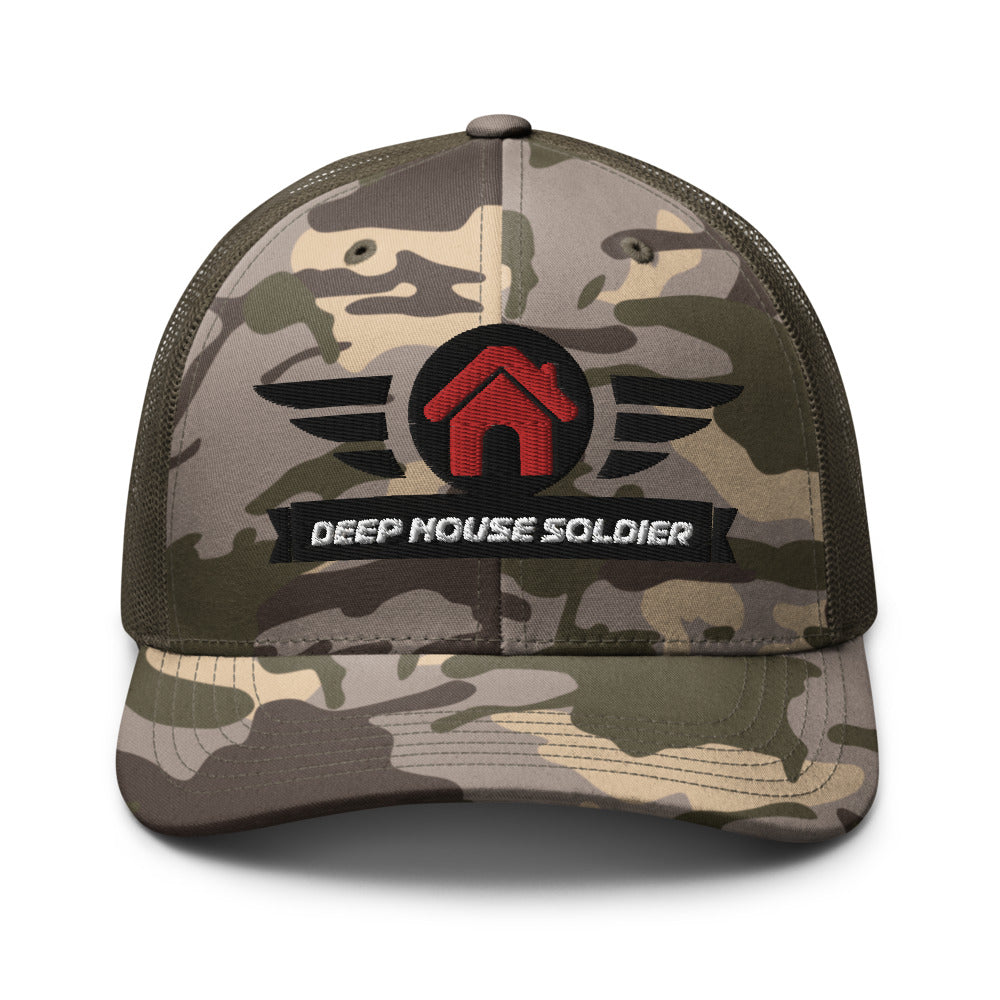 Deep House Soldier Camouflage Trucker Hat - Red in Camo, front view
