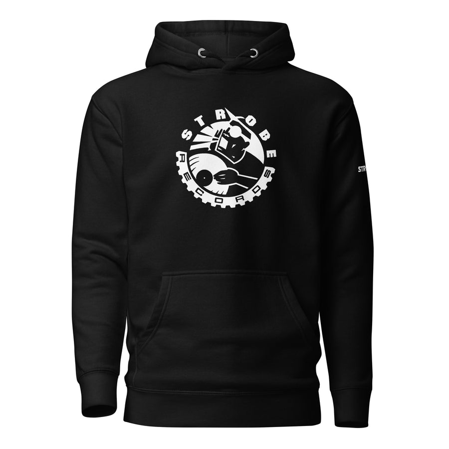 Strobe Records Premium Unisex Hoodie in Black, front view