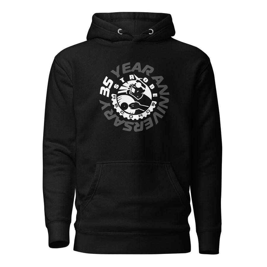 Strobe Records 35th Anniversary Classic Hoodie in Black, front view