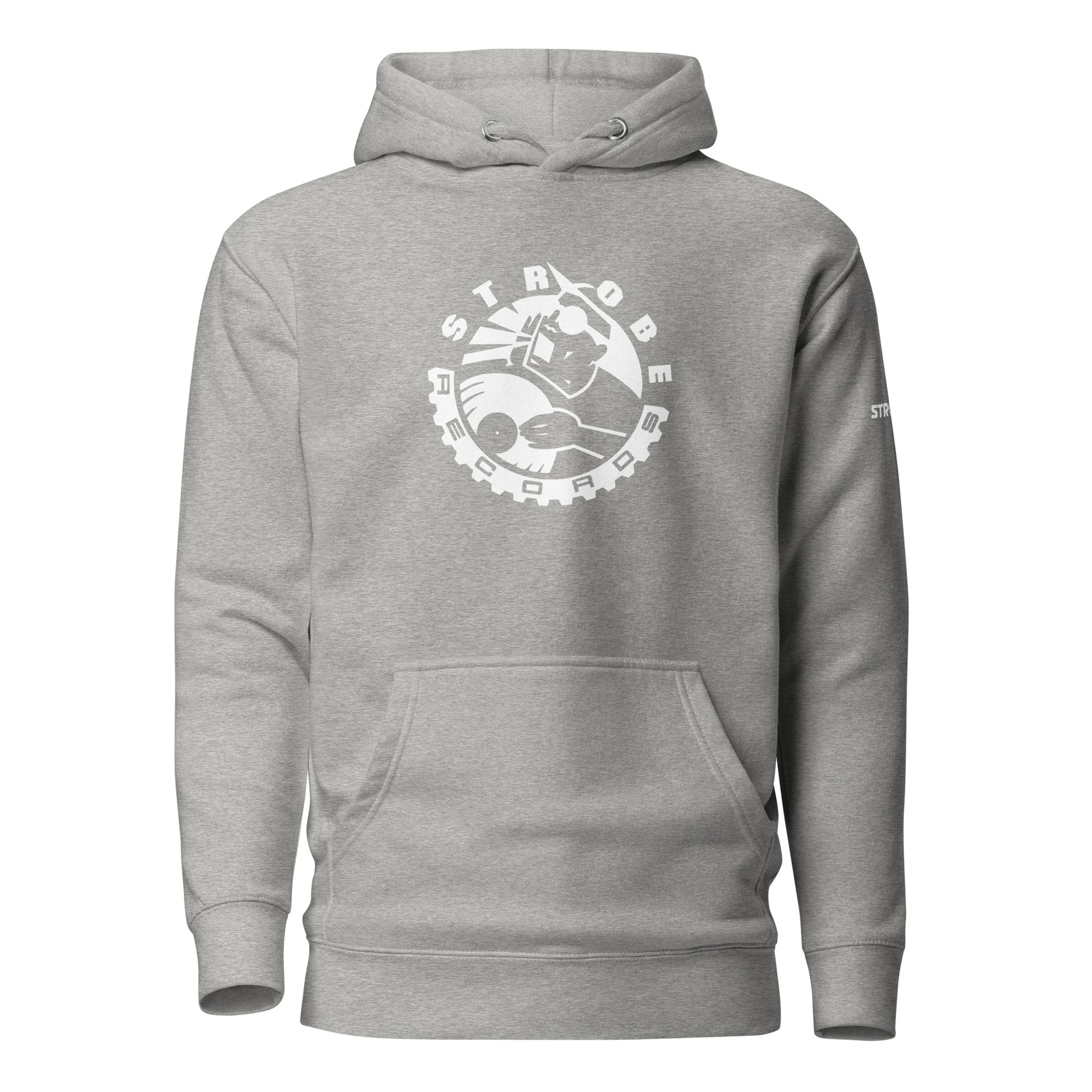 Strobe Records Premium Unisex Hoodie in Grey, front view