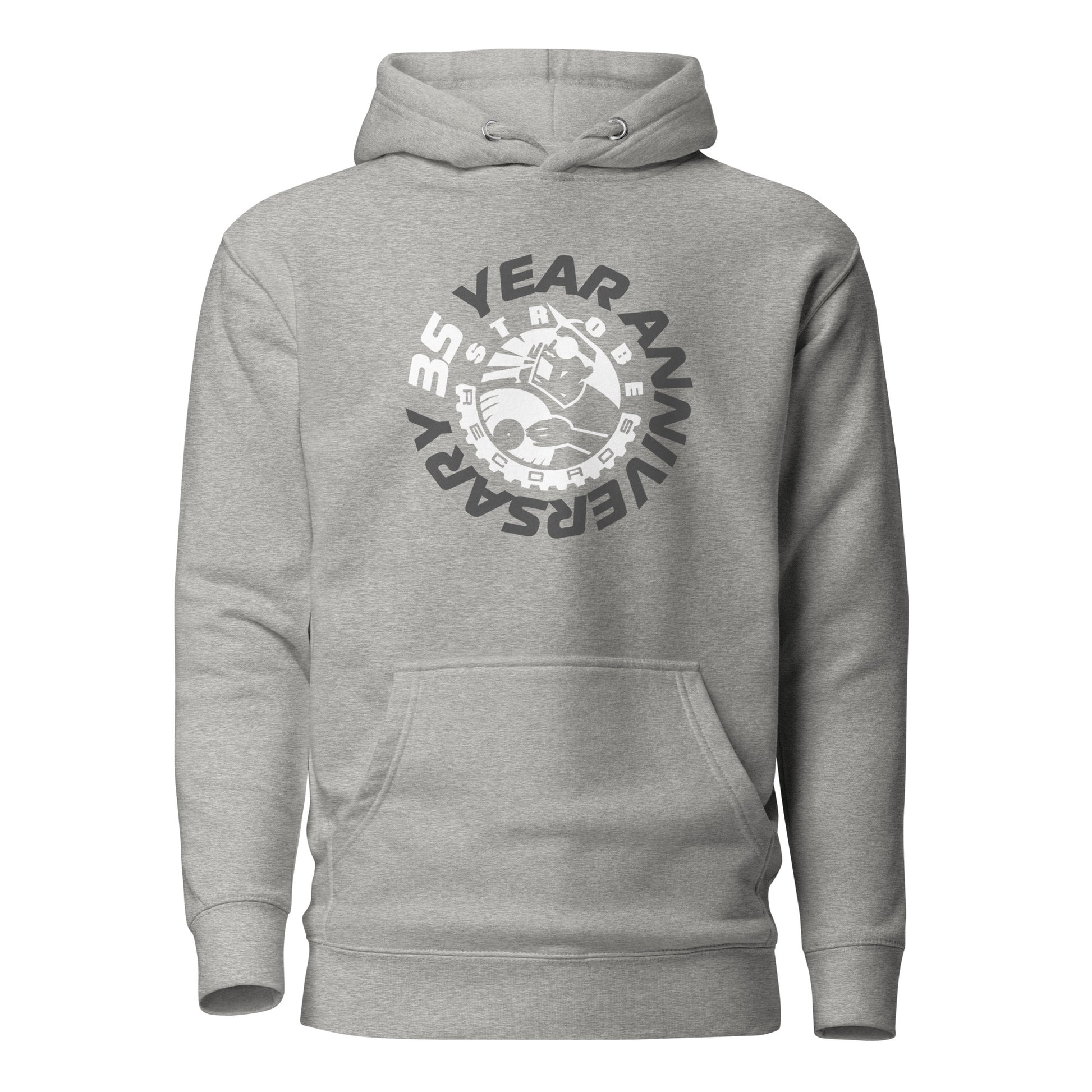 Strobe Records 35th Anniversary Classic Hoodie in Grey, front view