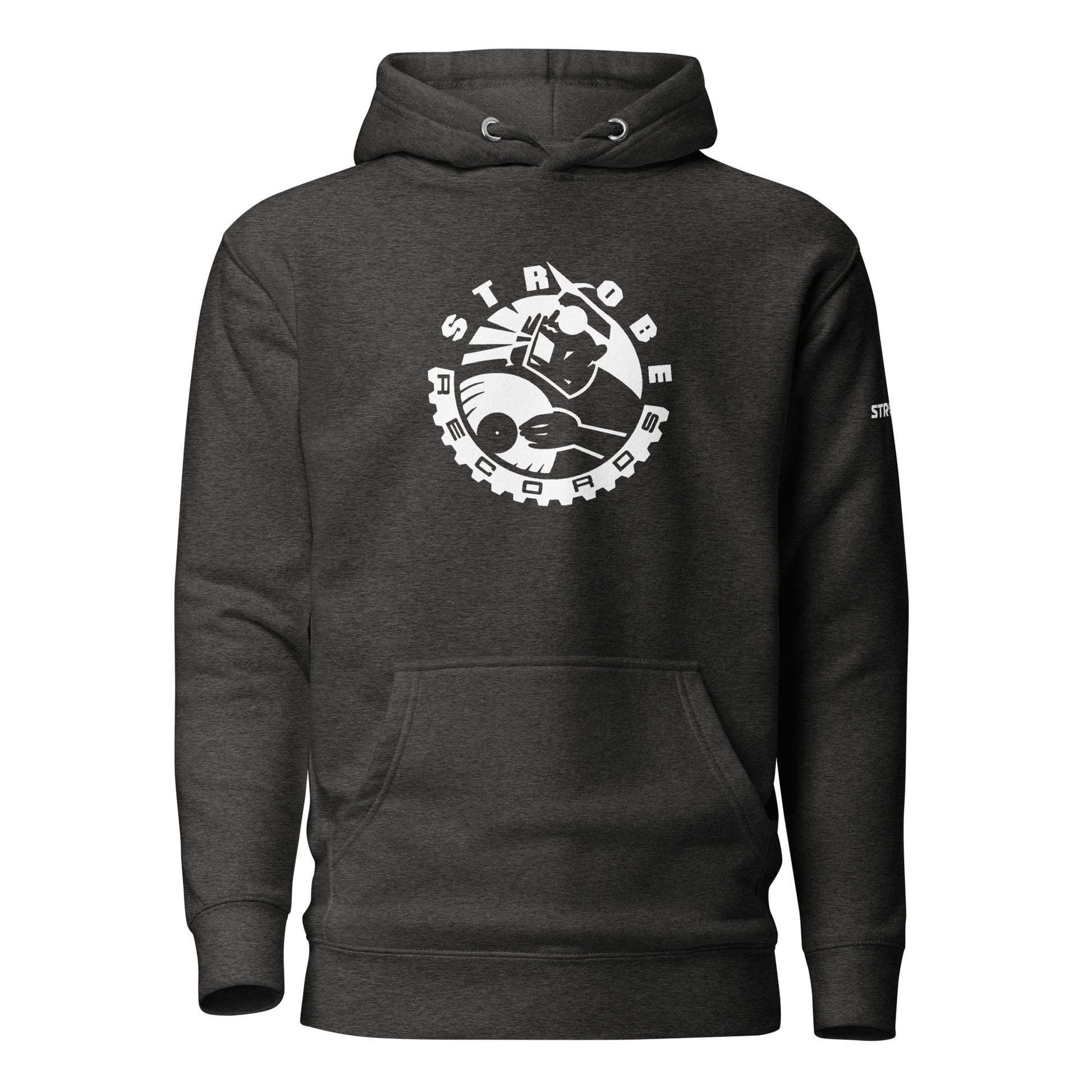 Strobe Records Premium Unisex Hoodie in Charcoal, front view