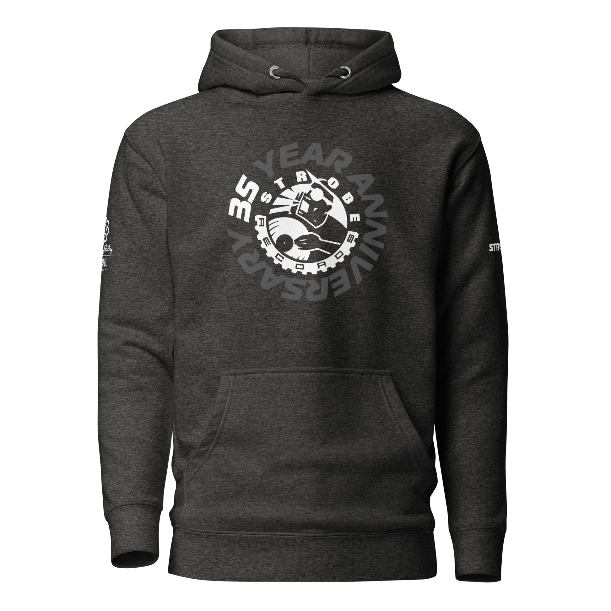 Strobe Records 35th Anniversary Premium Hoodie in Charcoal, front view