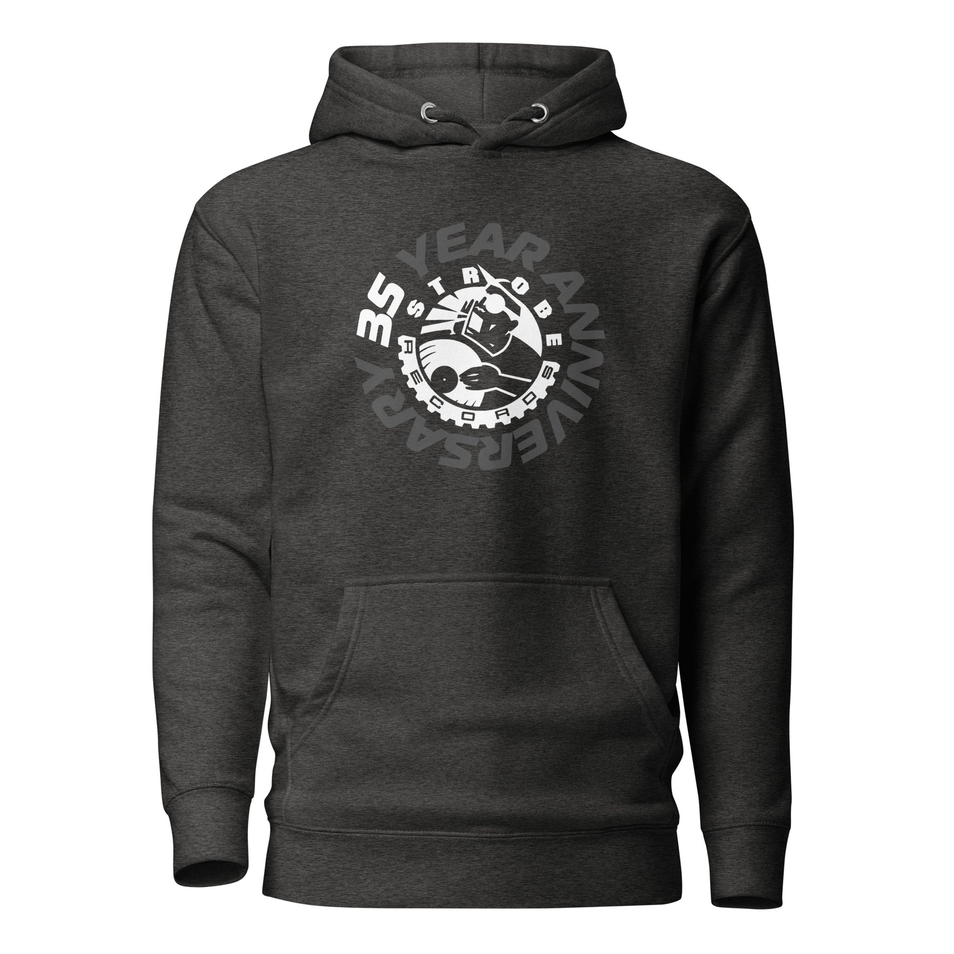 Strobe Records 35th Anniversary Classic Hoodie in Charcoal, front view