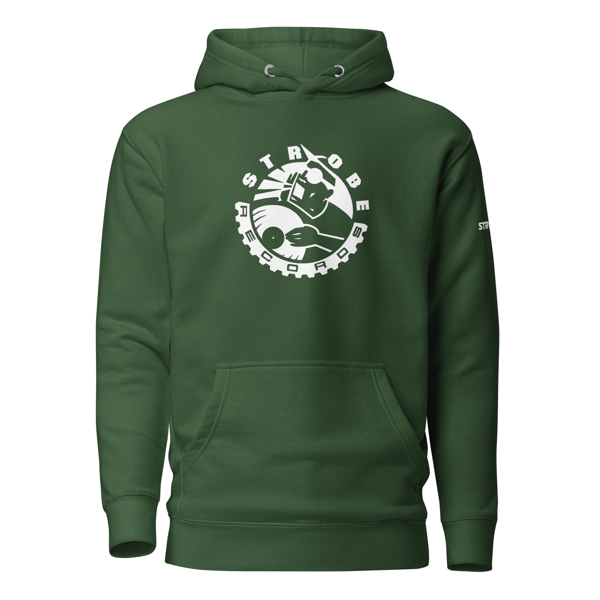 Strobe Records Premium Unisex Hoodie in Forest green, front view
