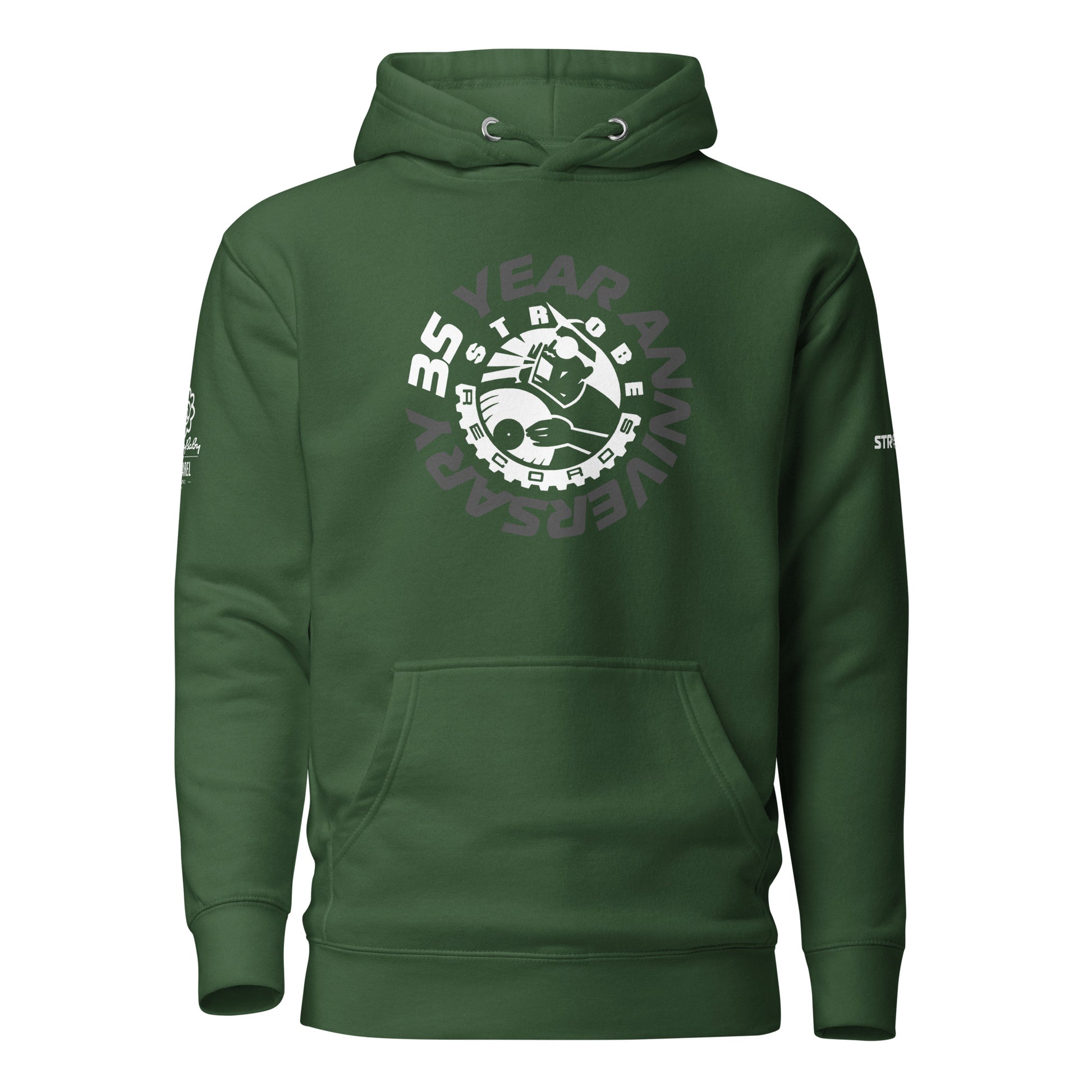 Strobe Records 35th Anniversary Premium Hoodie in Forest green, front view