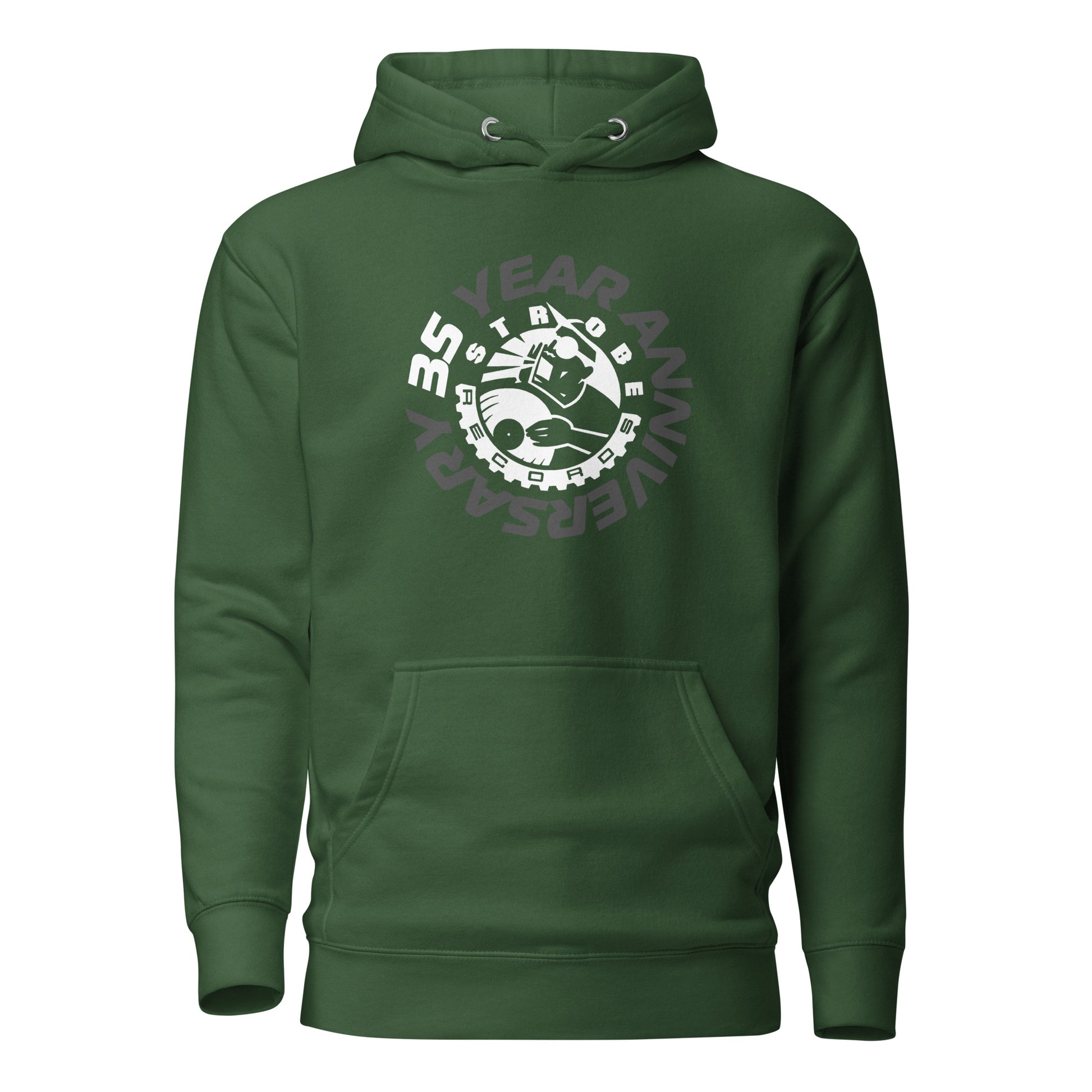 Strobe Records 35th Anniversary Classic Hoodie in Forest green, front view