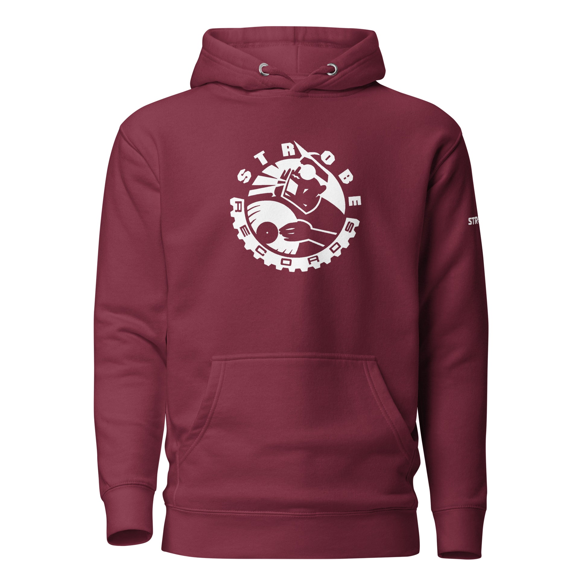 Strobe Records Premium Unisex Hoodie in Maroon, front view