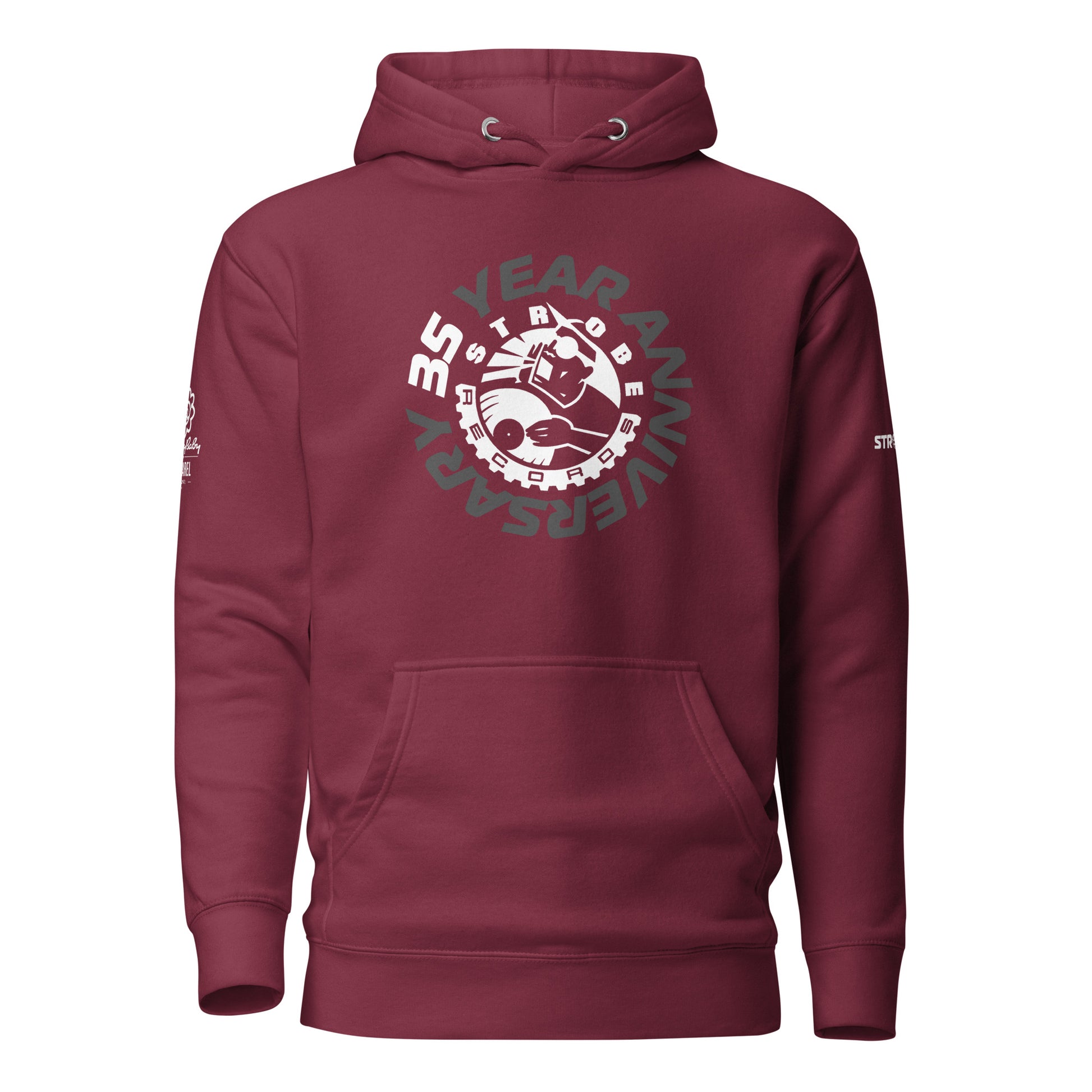Strobe Records 35th Anniversary Premium Hoodie in Maroon, front view