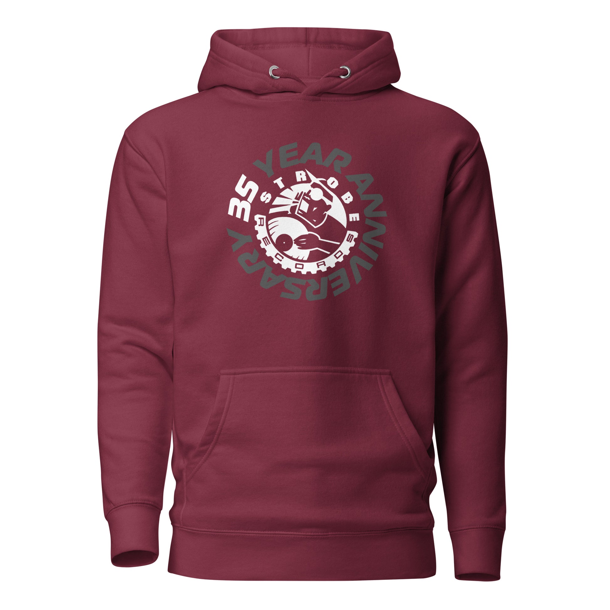 Strobe Records 35th Anniversary Classic Hoodie in Maroon, front view