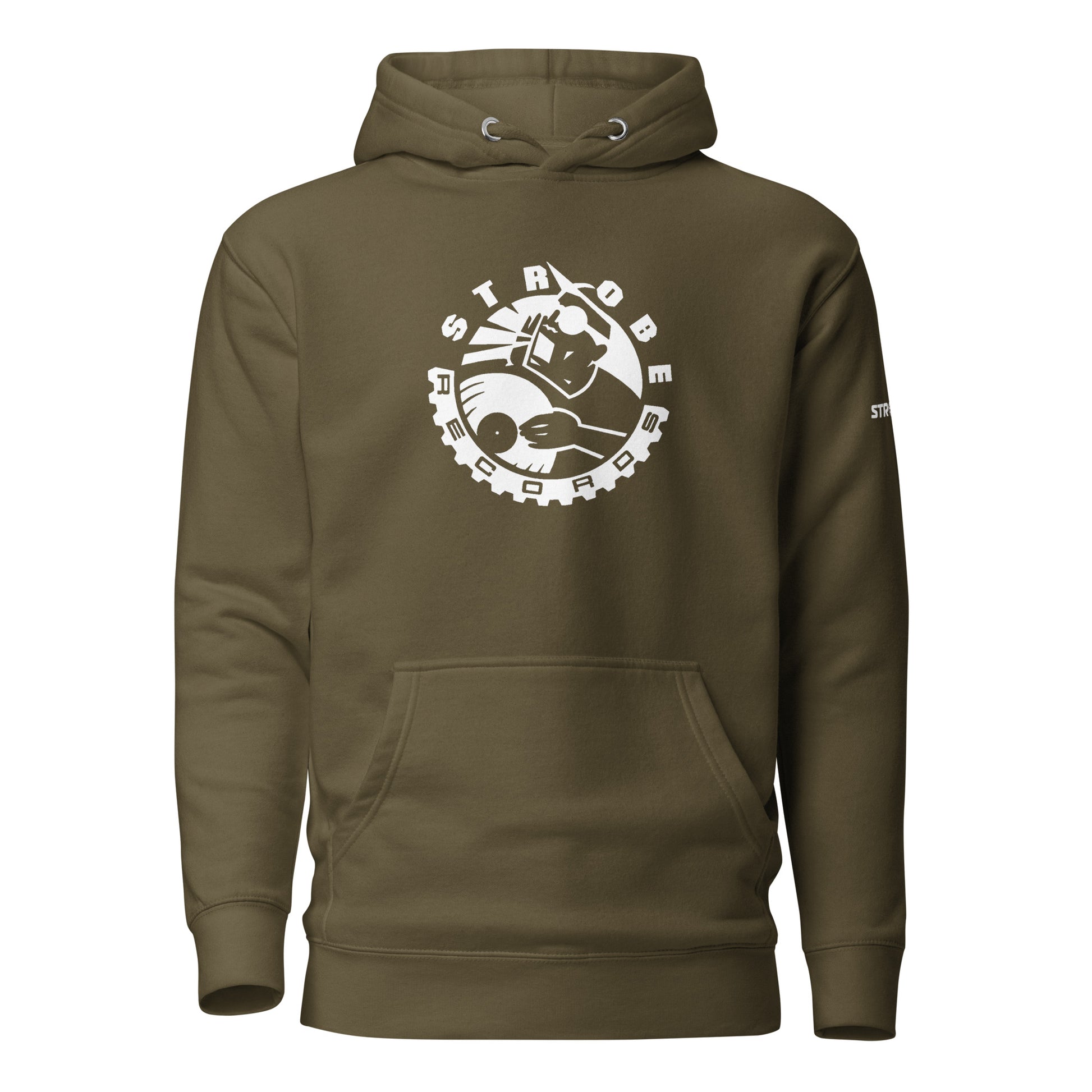 Strobe Records Premium Unisex Hoodie in Military green, front view