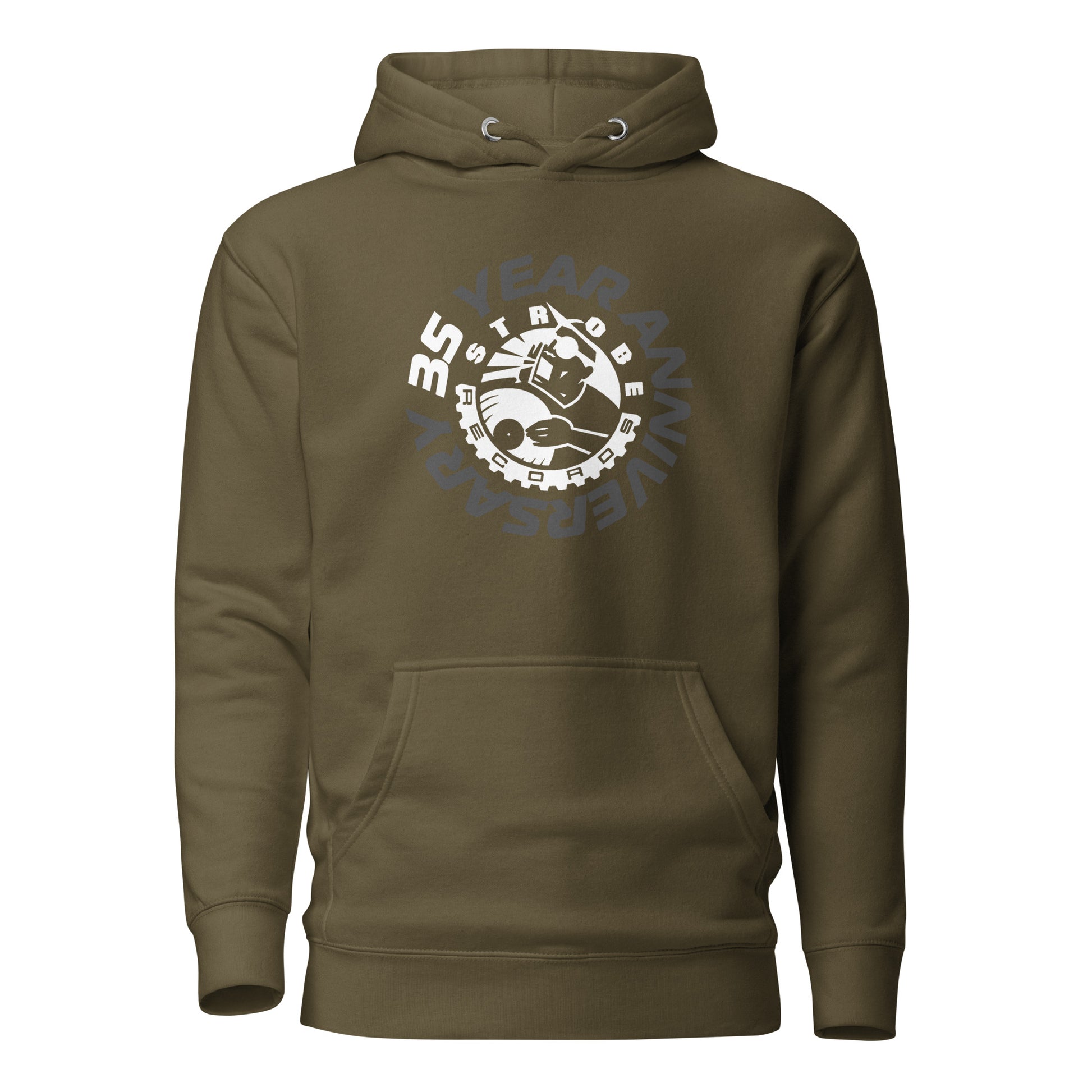 Strobe Records 35th Anniversary Classic Hoodie in Military green, front view