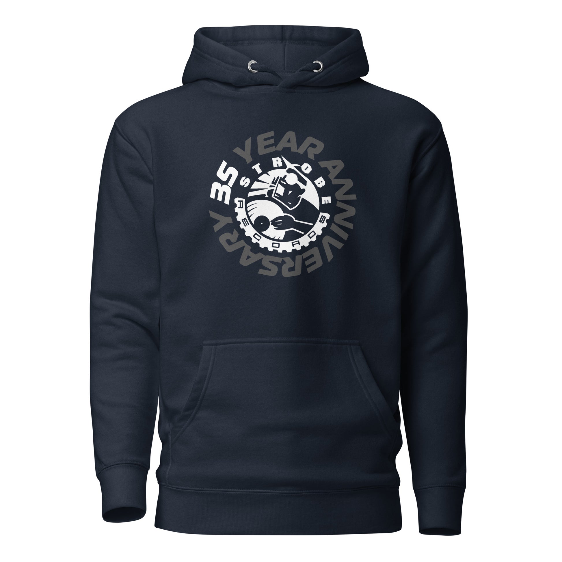 Strobe Records 35th Anniversary Classic Hoodie in Navy, front view
