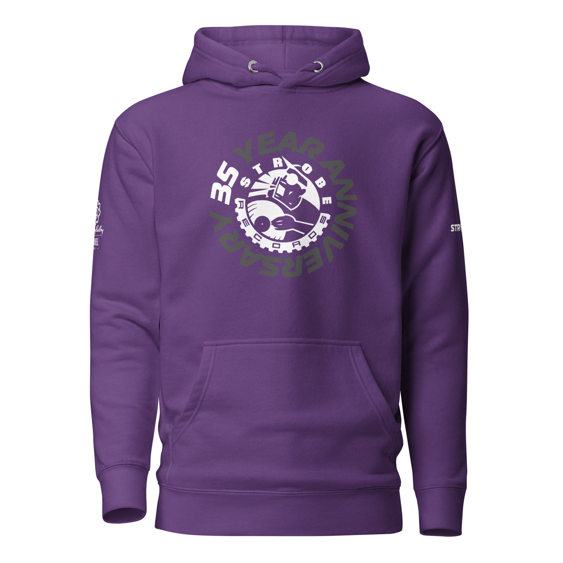 Strobe Records 35th Anniversary Premium Hoodie in Purple, front view