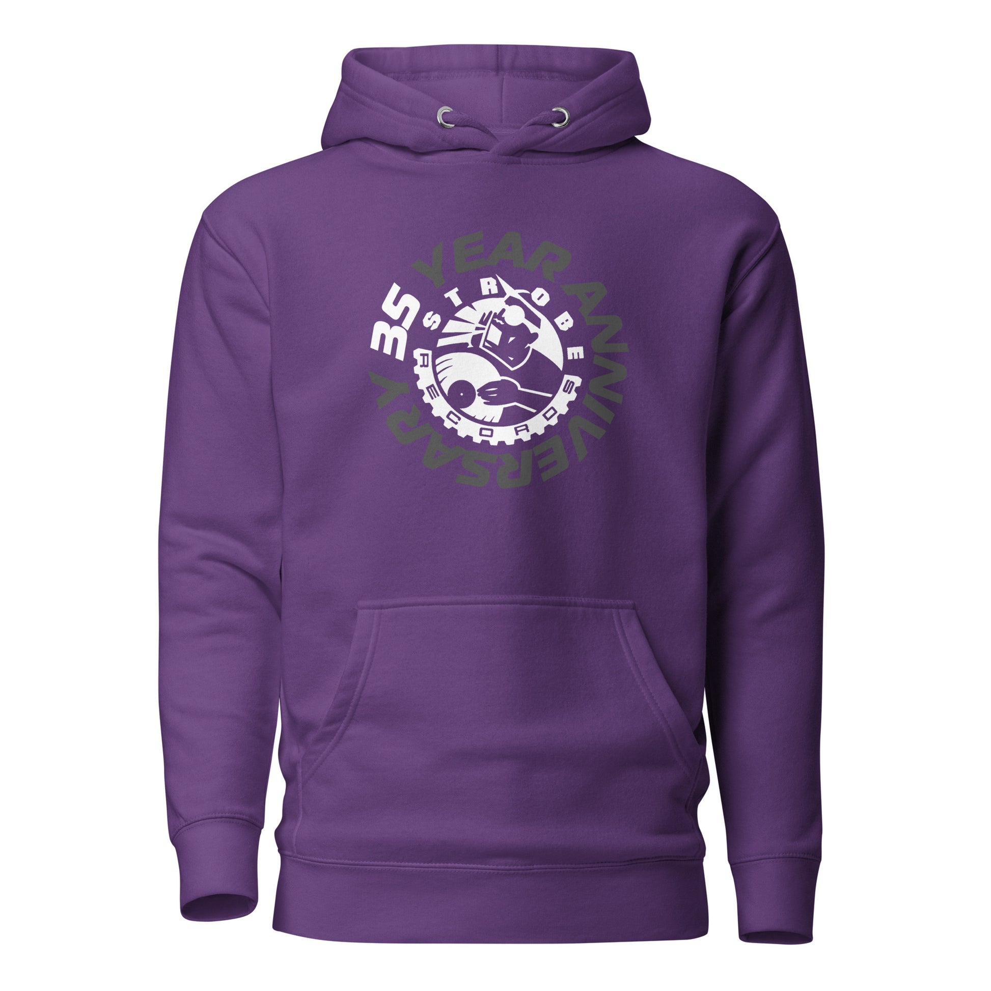 Strobe Records 35th Anniversary Classic Hoodie in Purple, front view