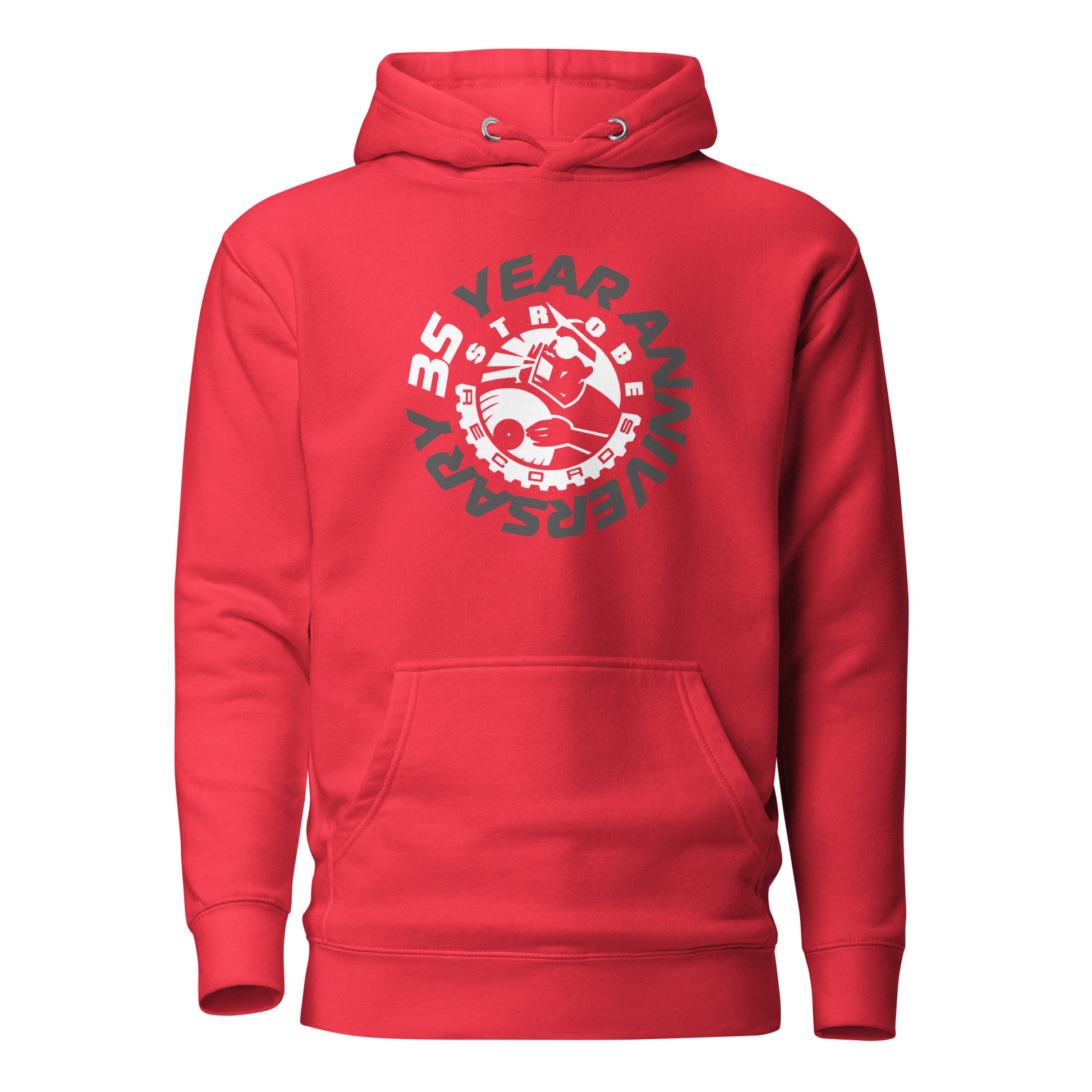 Strobe Records 35th Anniversary Classic Hoodie in Red, front view