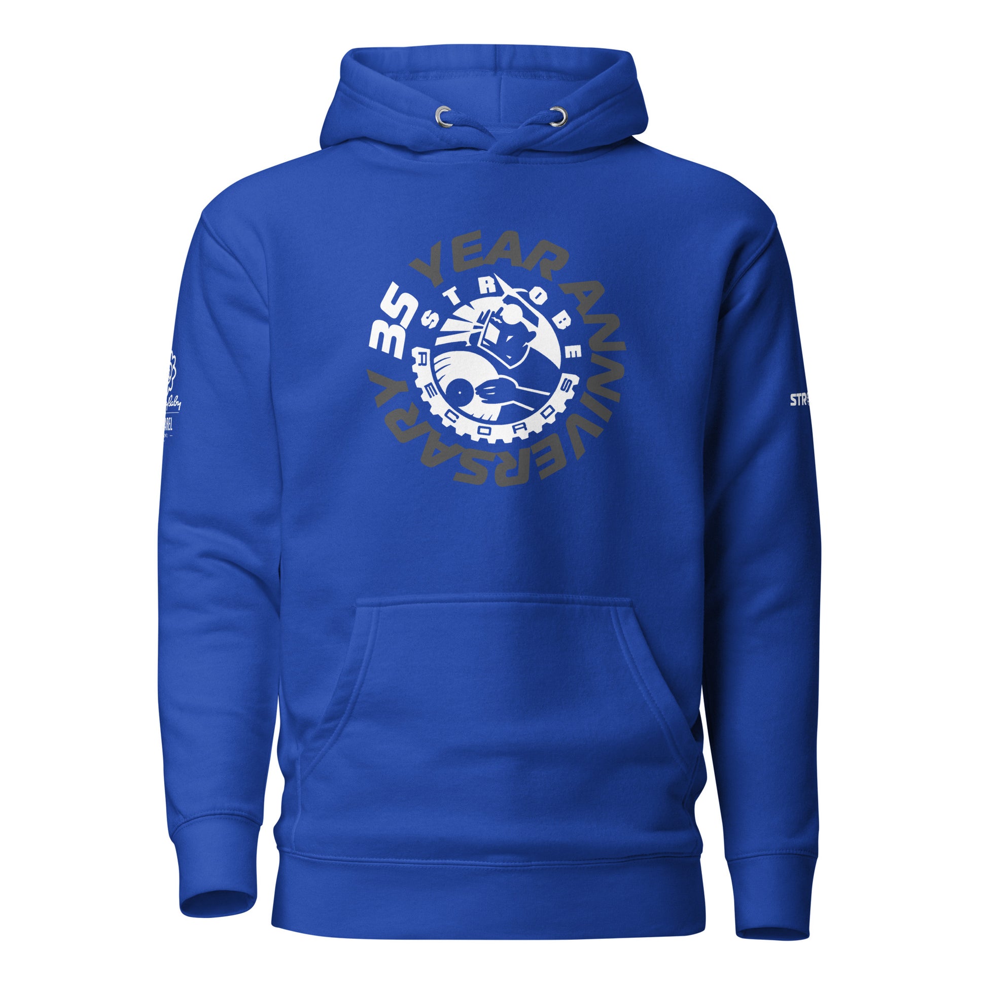 Strobe Records 35th Anniversary Premium Hoodie in Royal, front view