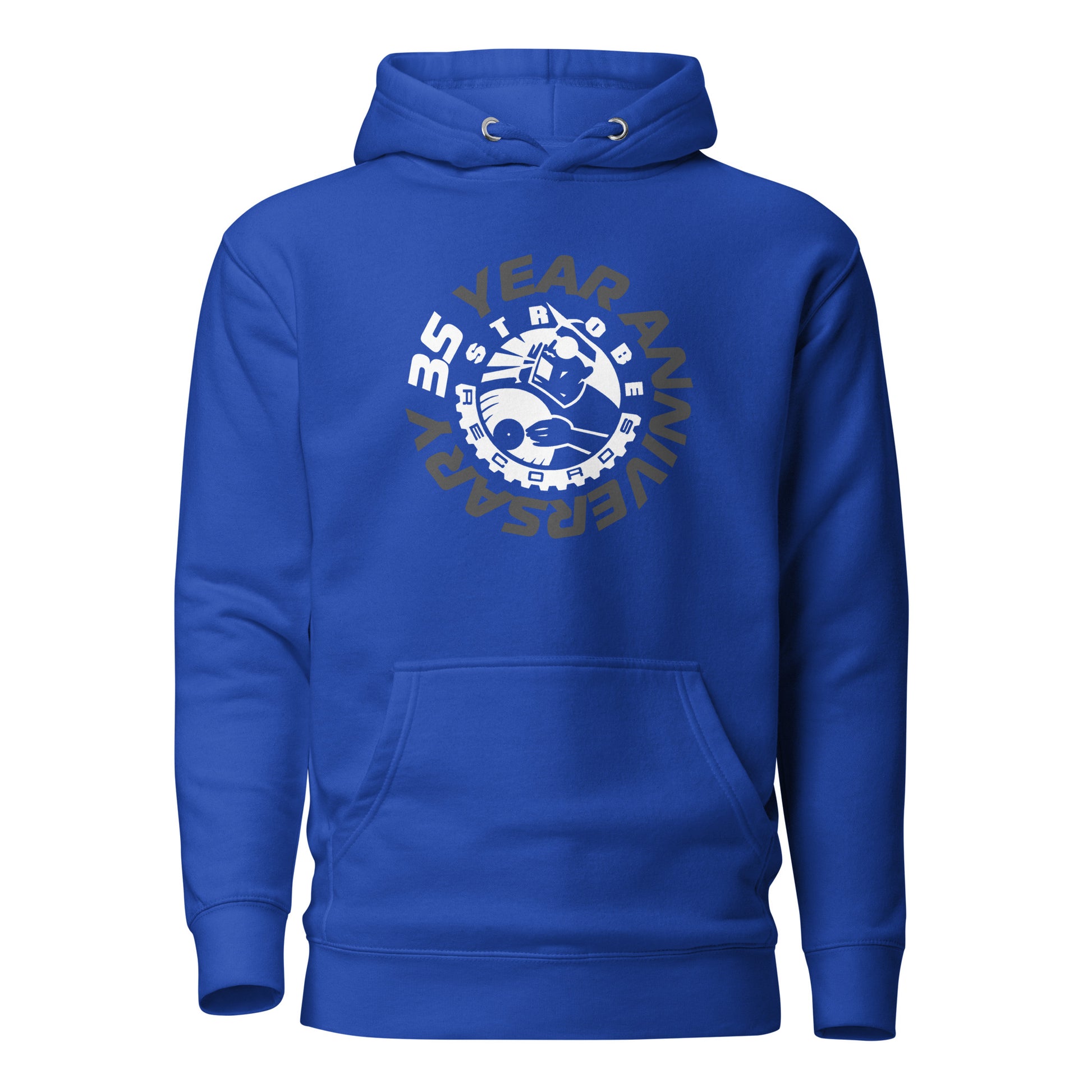 Strobe Records 35th Anniversary Classic Hoodie in Royal, front view
