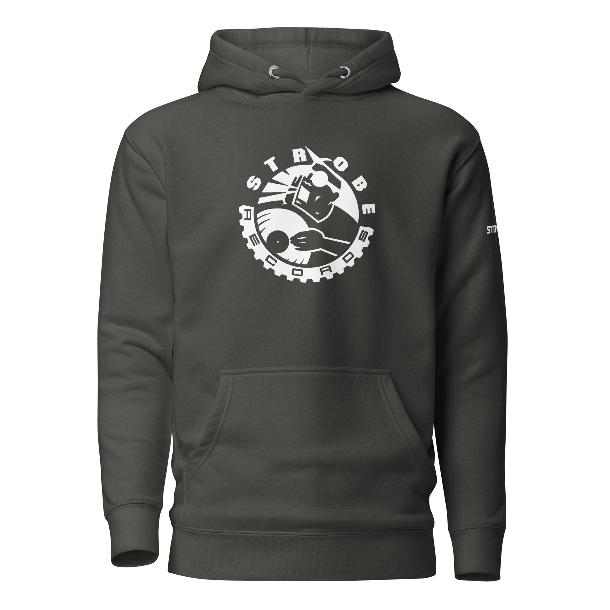 Strobe Records Premium Unisex Hoodie in Black, front view