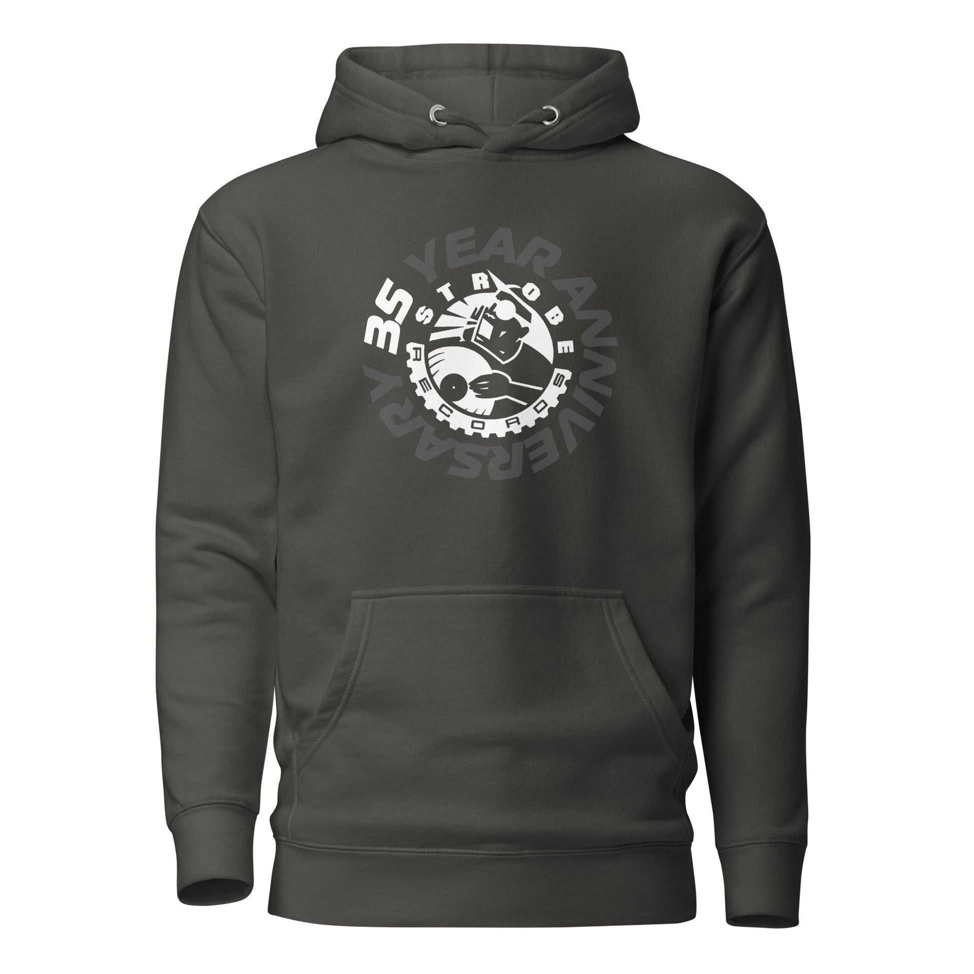 Strobe Records 35th Anniversary Classic Hoodie in Black, front view