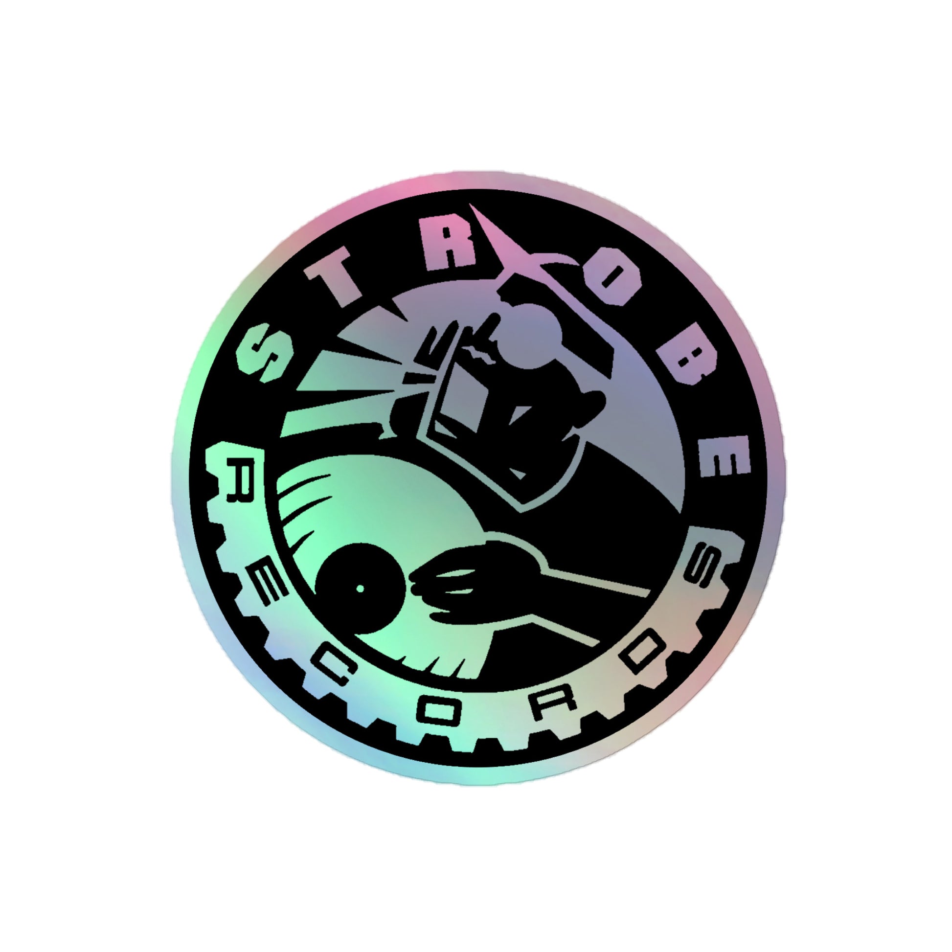 Strobe Records Holographic Stickers in Grey, front view