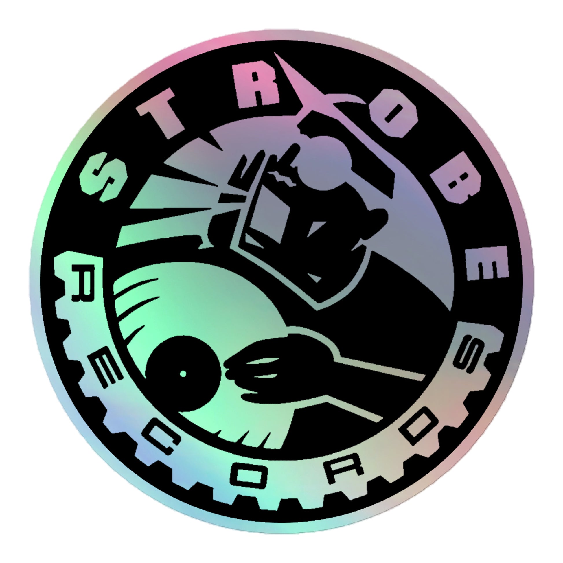 Strobe Records Holographic Stickers in Grey, front view