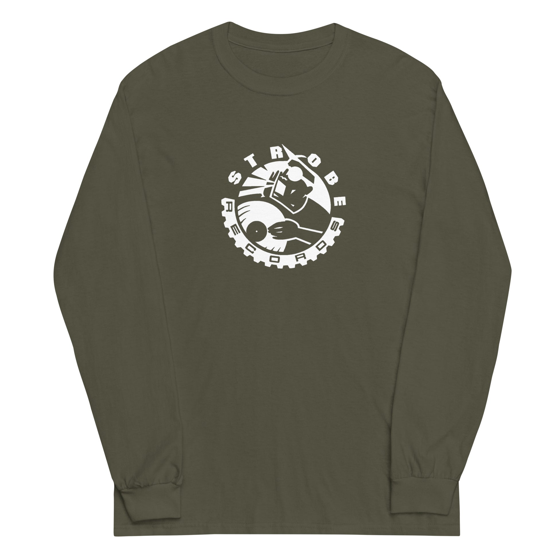 Strobe Records Men’s Long Sleeve Shirt in Military green, front view