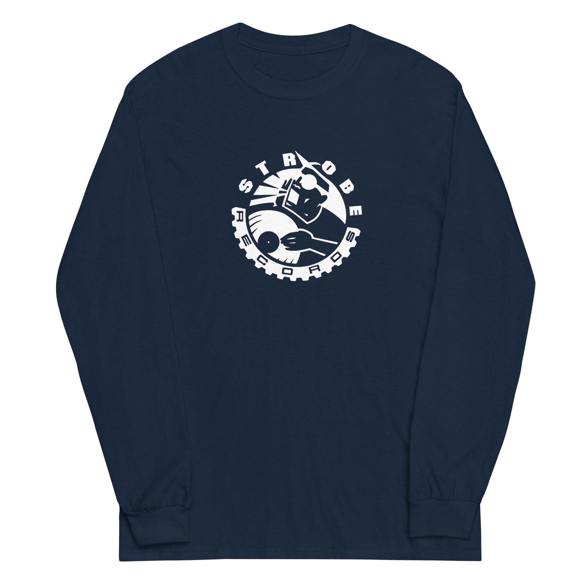 Strobe Records Men’s Long Sleeve Shirt in Navy, front view