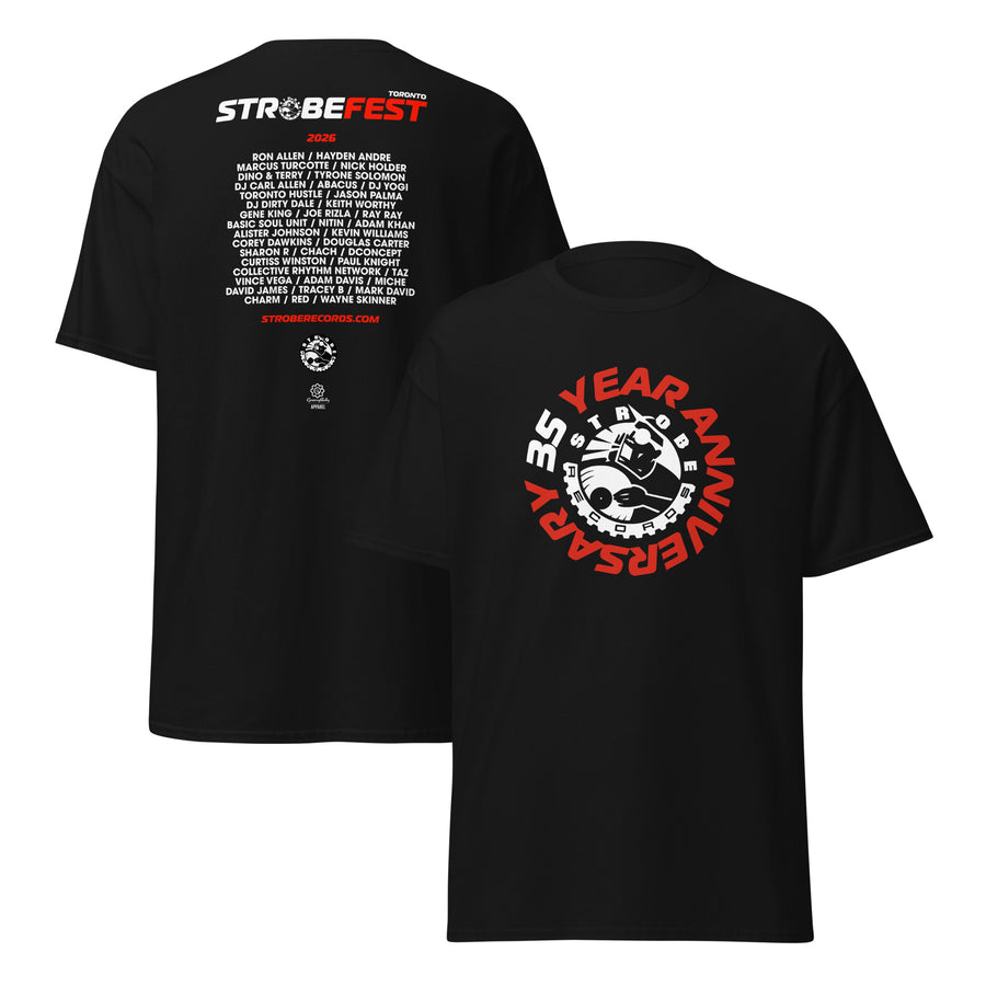 StrobeFest 2026 Event T-Shirt in Black, front and back view