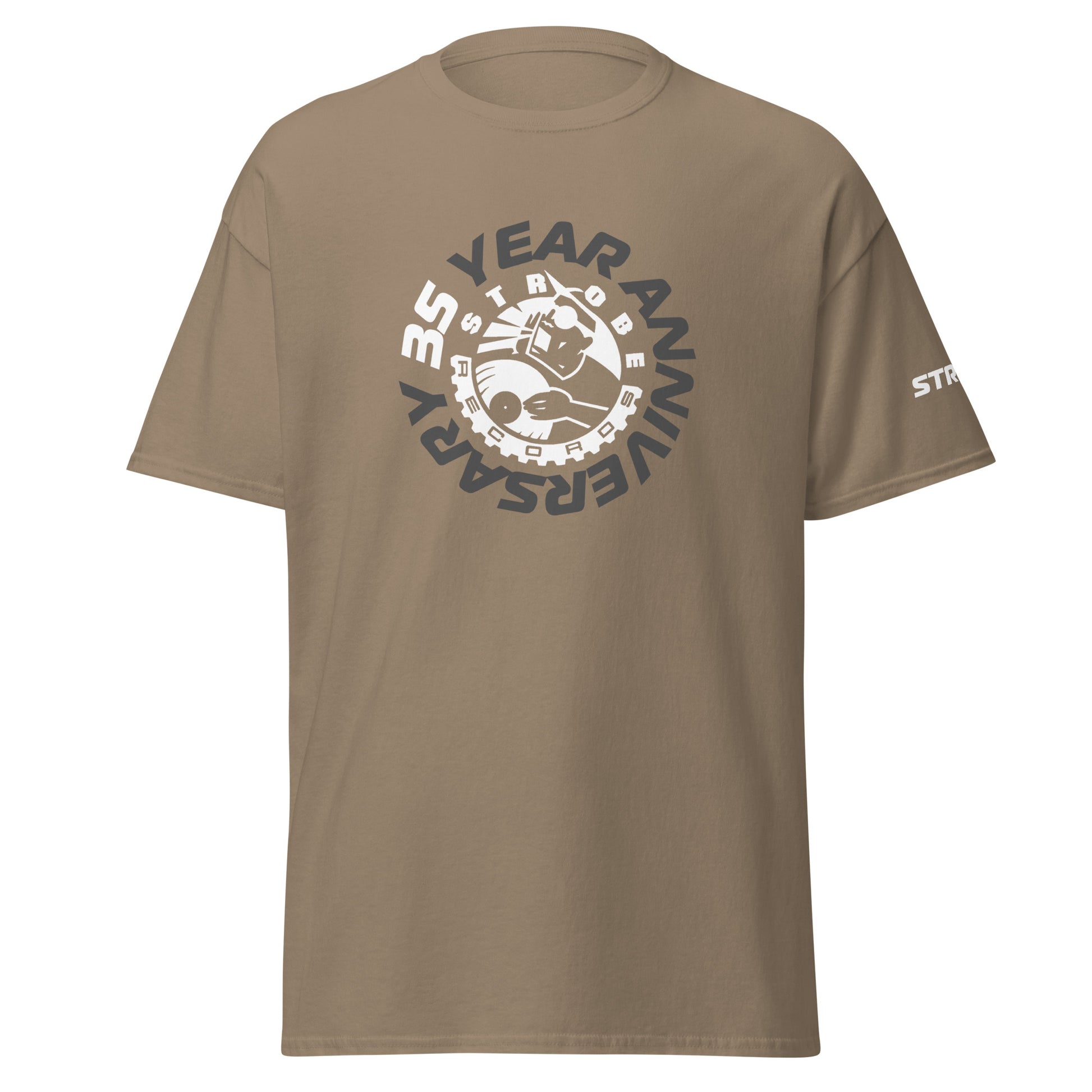 Strobe Records 35th Anniversary Premium T-Shirt in Brown savana, front view
