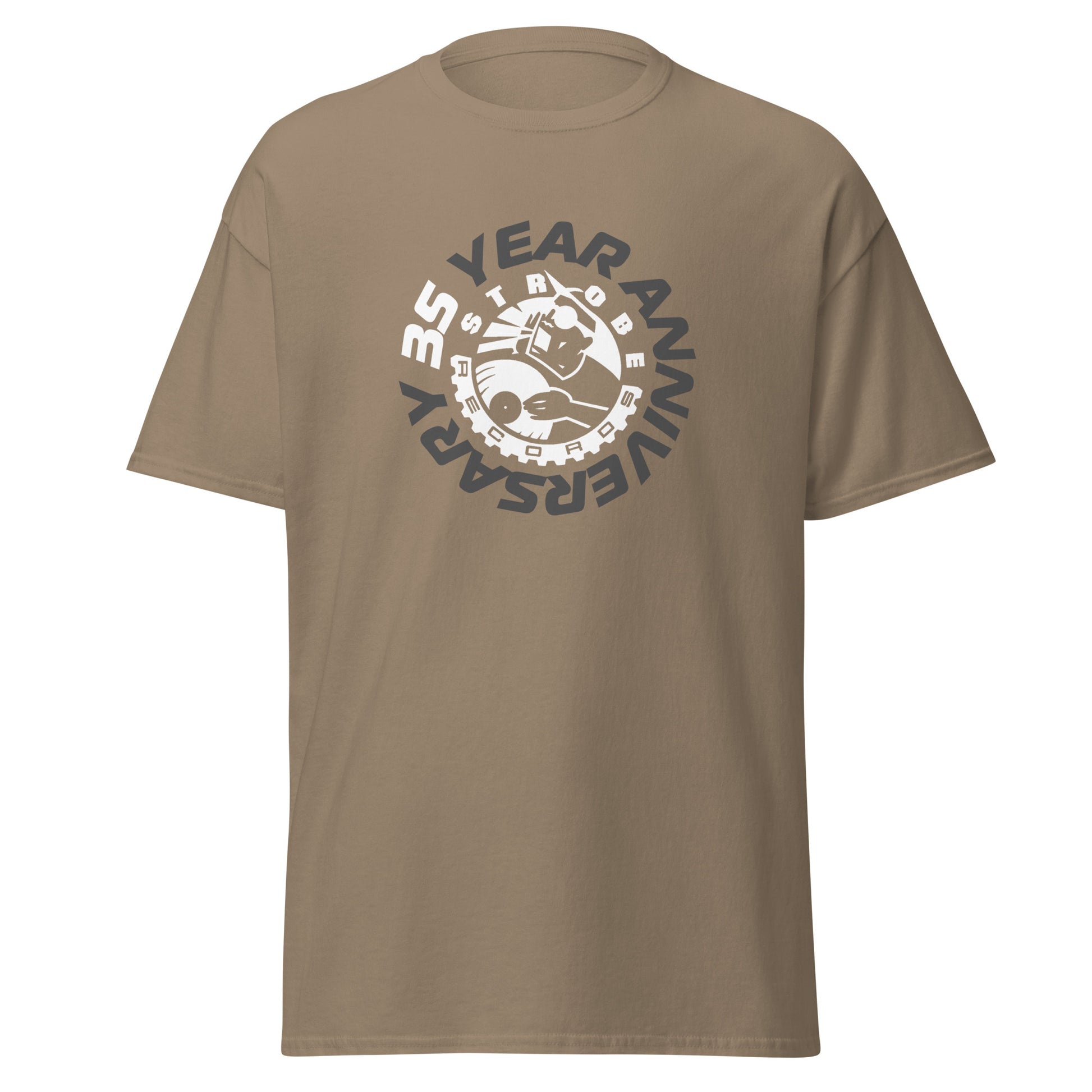 Strobe Records 35th Anniversary Classic T-Shirt in Brown savana, front view