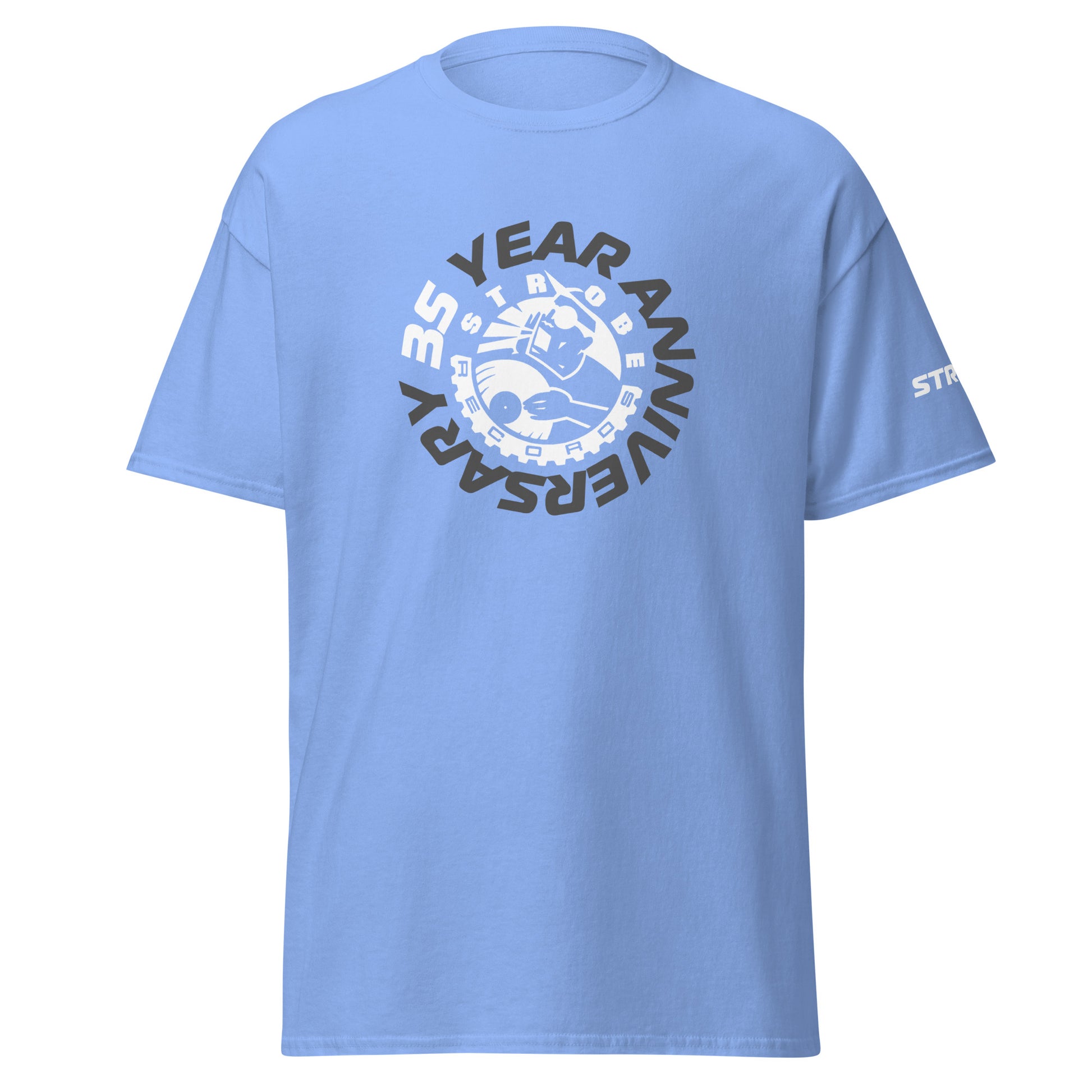 Strobe Records 35th Anniversary Premium T-Shirt in Blue, front view