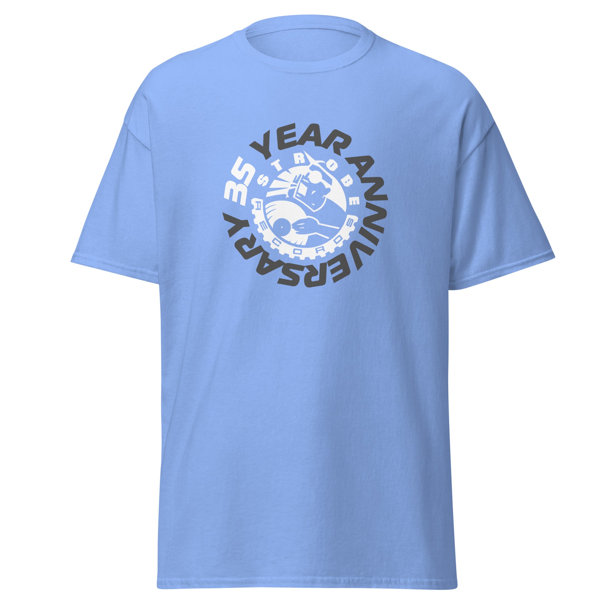 Strobe Records 35th Anniversary Classic T-Shirt in Blue, front view