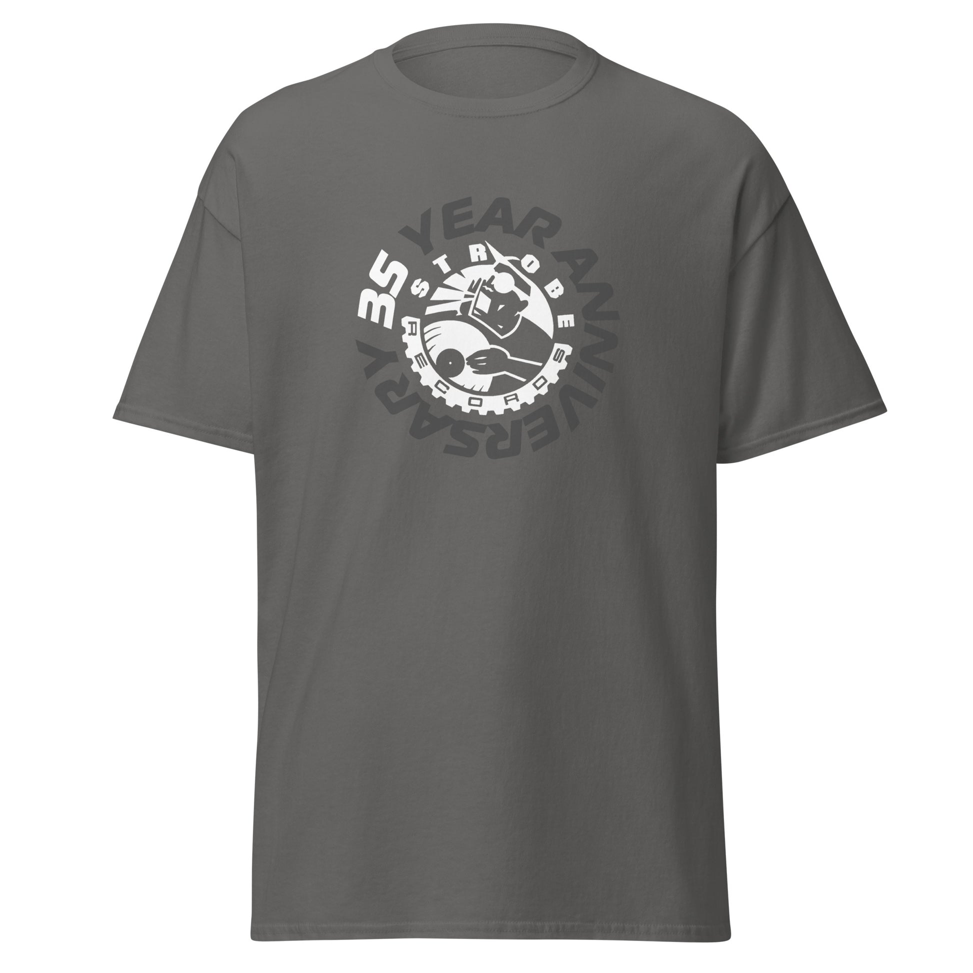 Strobe Records 35th Anniversary Classic T-Shirt in Charcoal, front view
