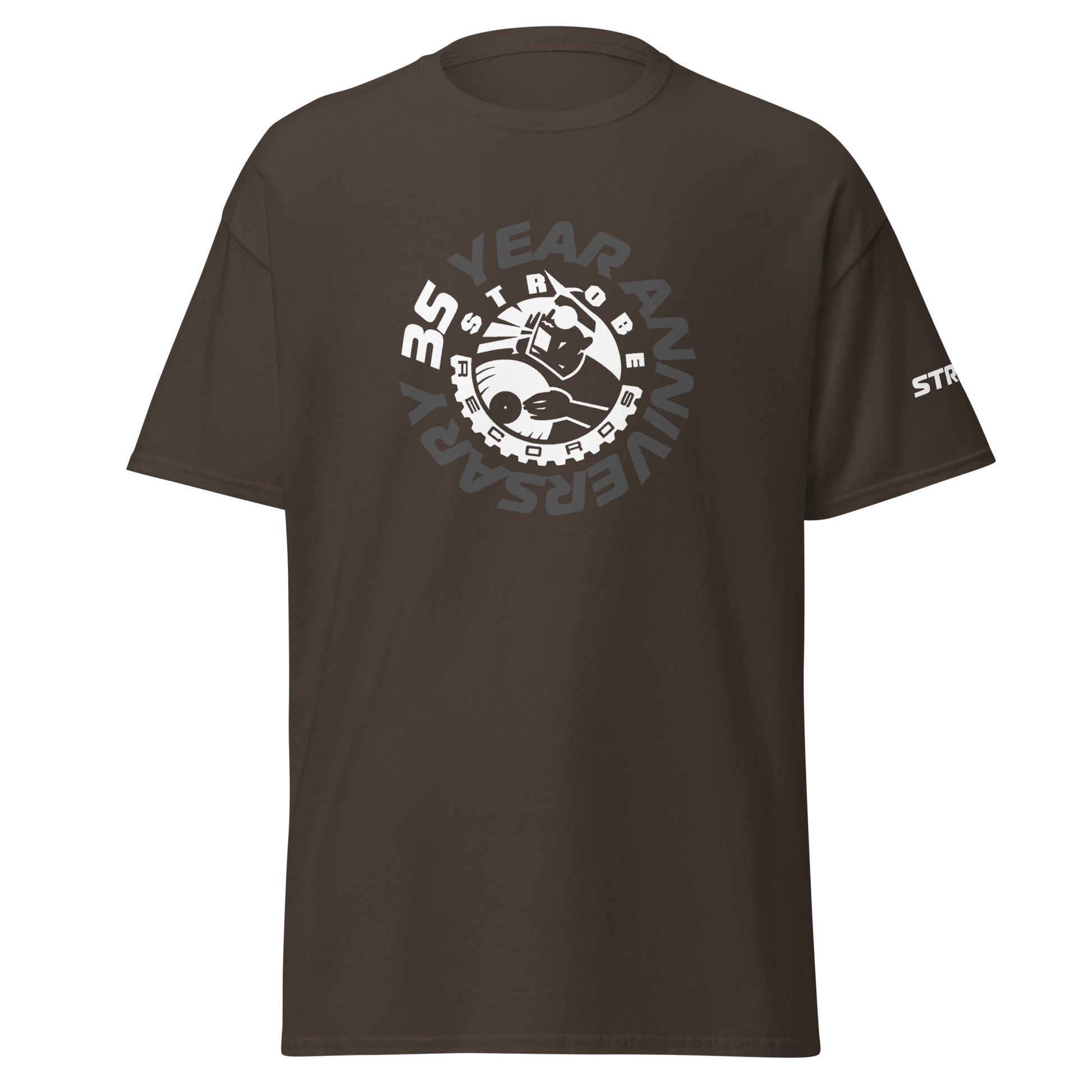Strobe Records 35th Anniversary Premium T-Shirt in Dark chocolate, front view
