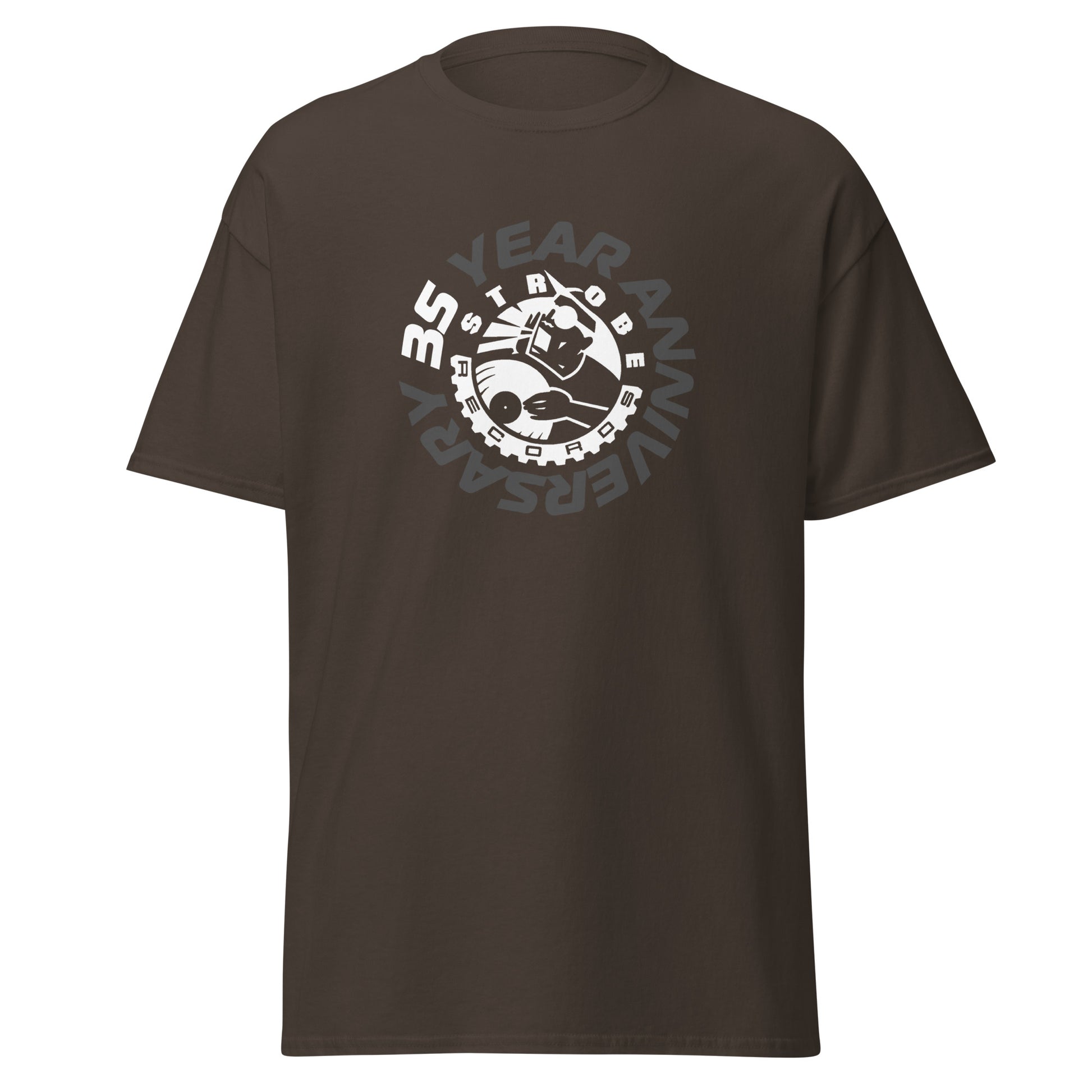 Strobe Records 35th Anniversary Classic T-Shirt in Dark chocolate, front view