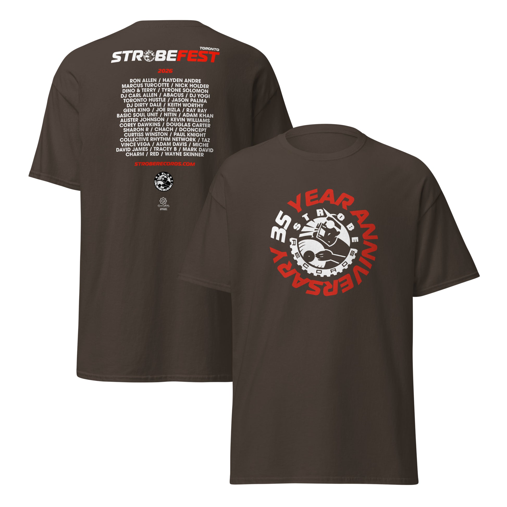 StrobeFest 2026 Event T-Shirt in Dark chocolate, front and back view