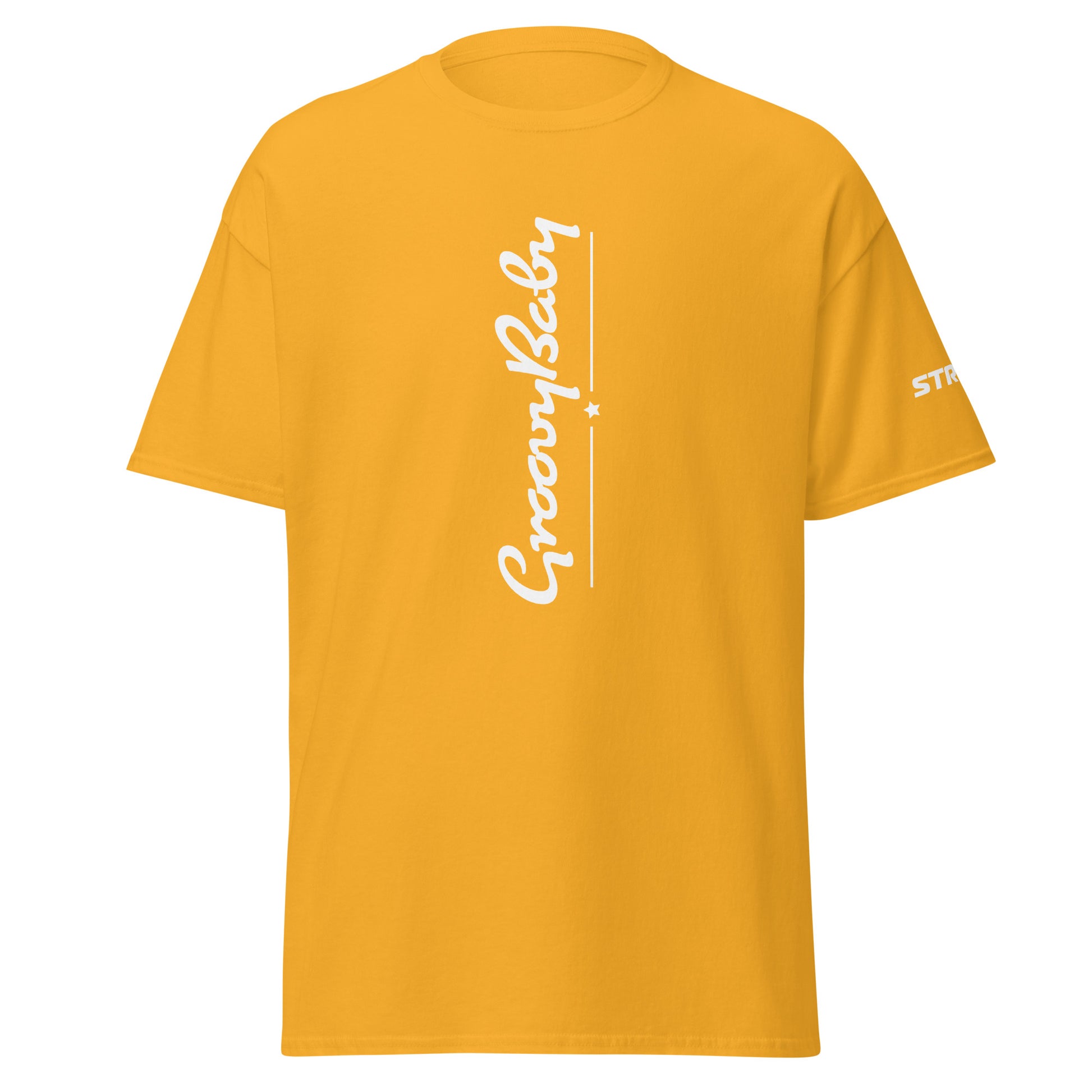 Groovy Baby Vertical Premium Unisex T-Shirt in Gold, front view
