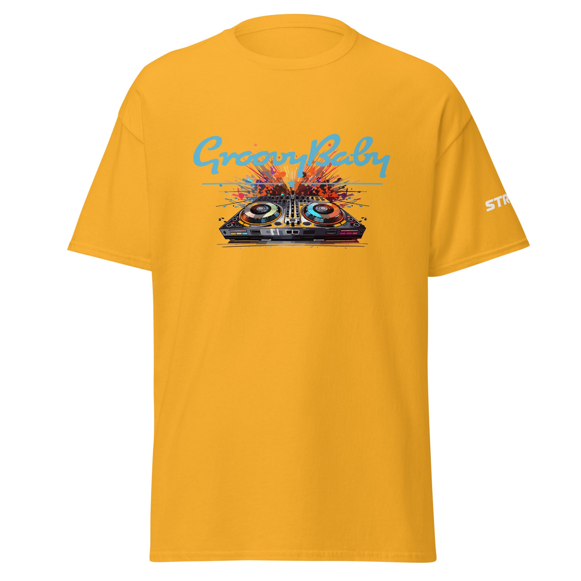 Groovy Baby DJ Premium Unisex T-Shirt in Gold, front view