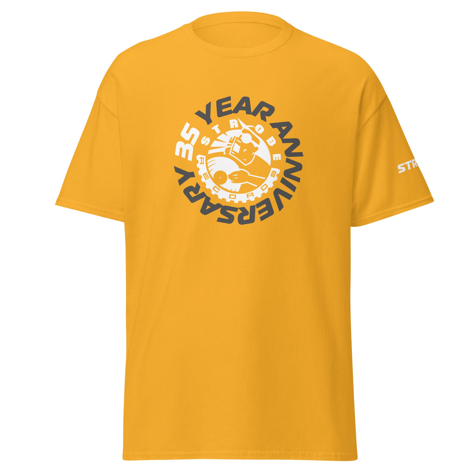 Strobe Records 35th Anniversary Premium T-Shirt in Gold, front view