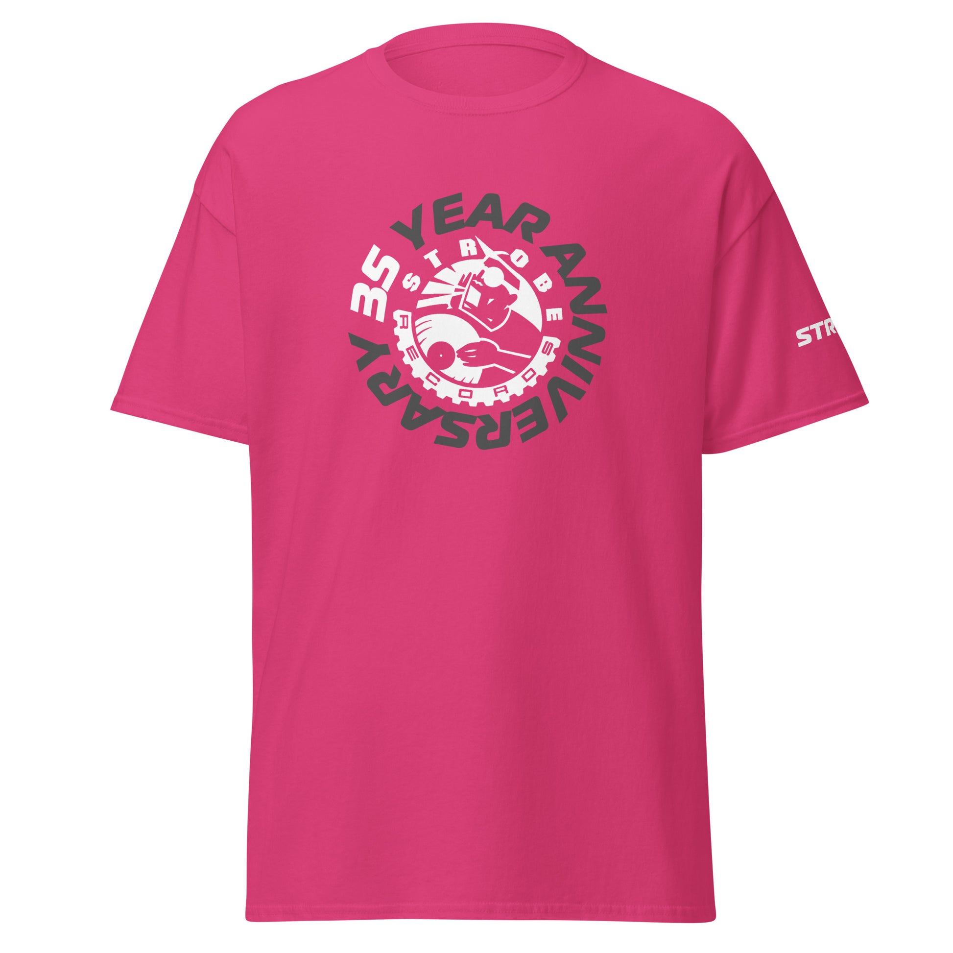 Strobe Records 35th Anniversary Premium T-Shirt in Heliconia, front view