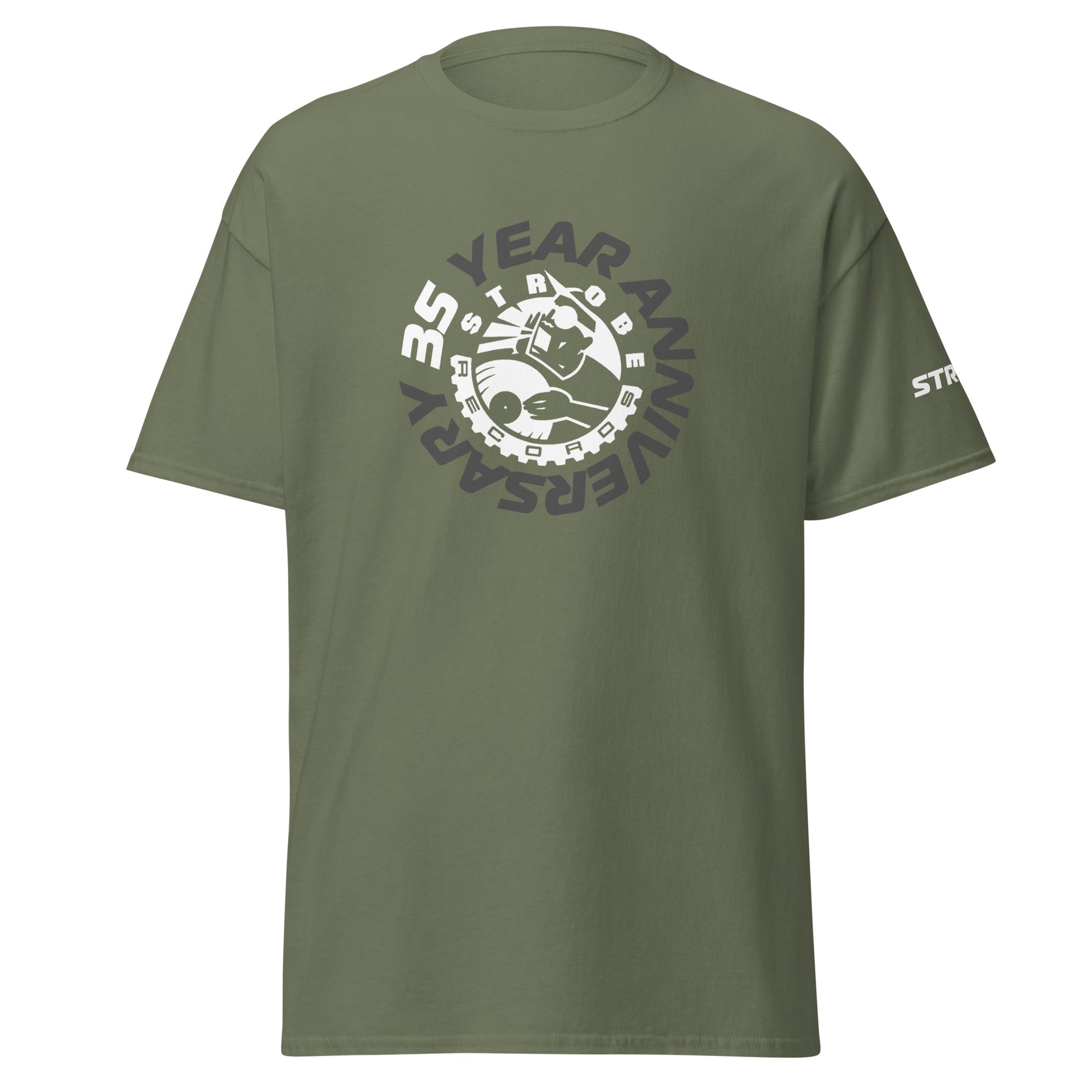 Strobe Records 35th Anniversary Premium T-Shirt in Military green, front view