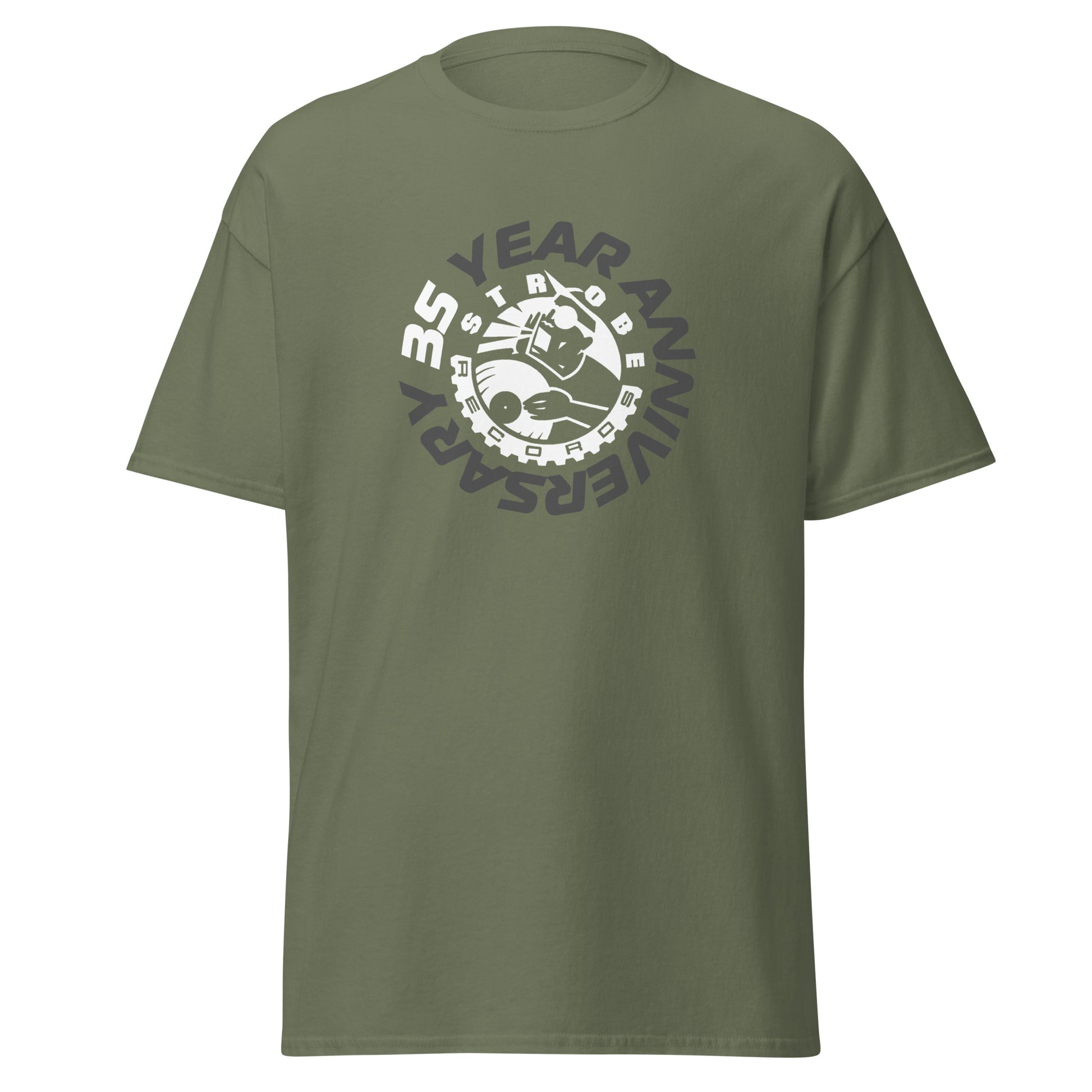 Strobe Records 35th Anniversary Classic T-Shirt in Military green, front view