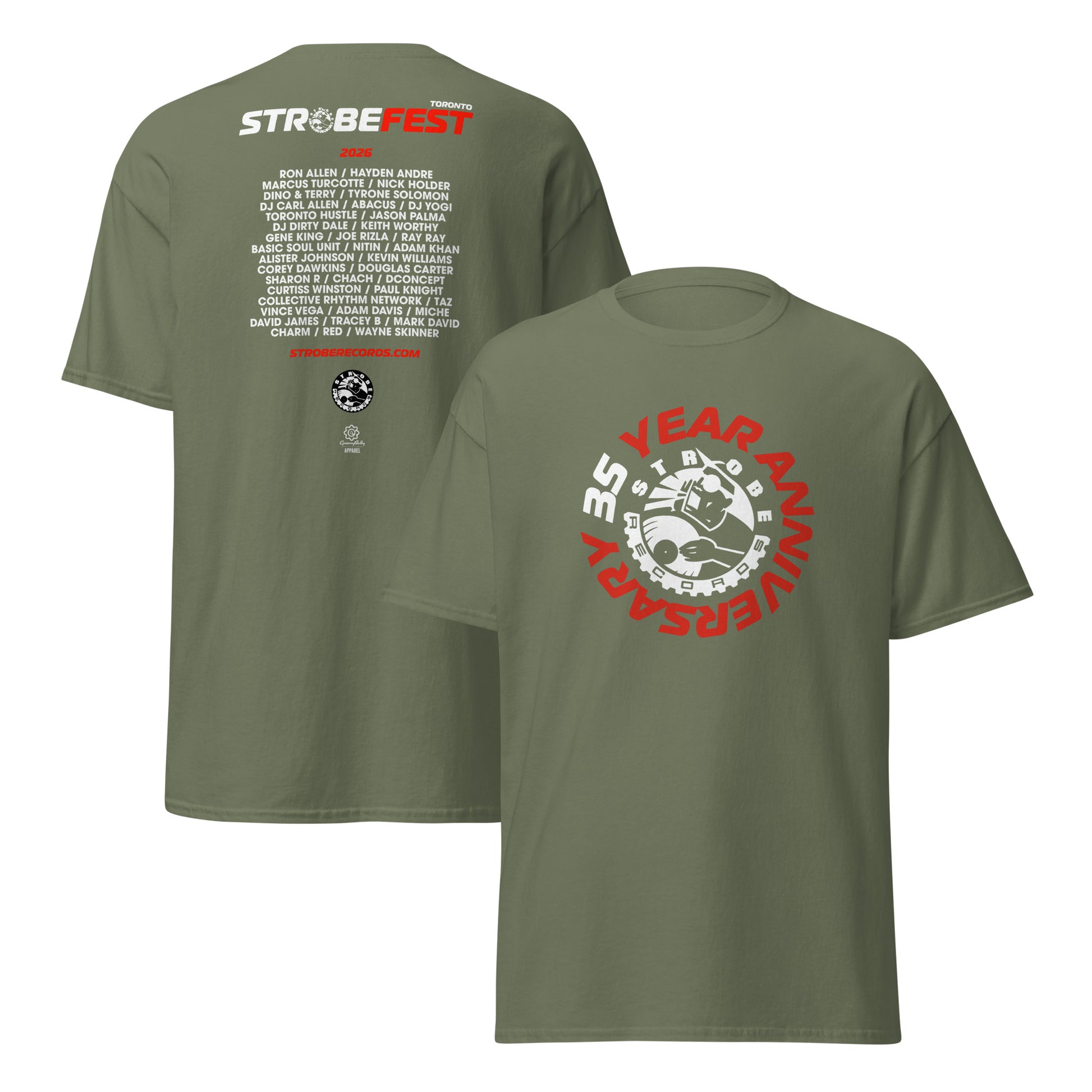 StrobeFest 2026 Event T-Shirt in Military green, front and back view